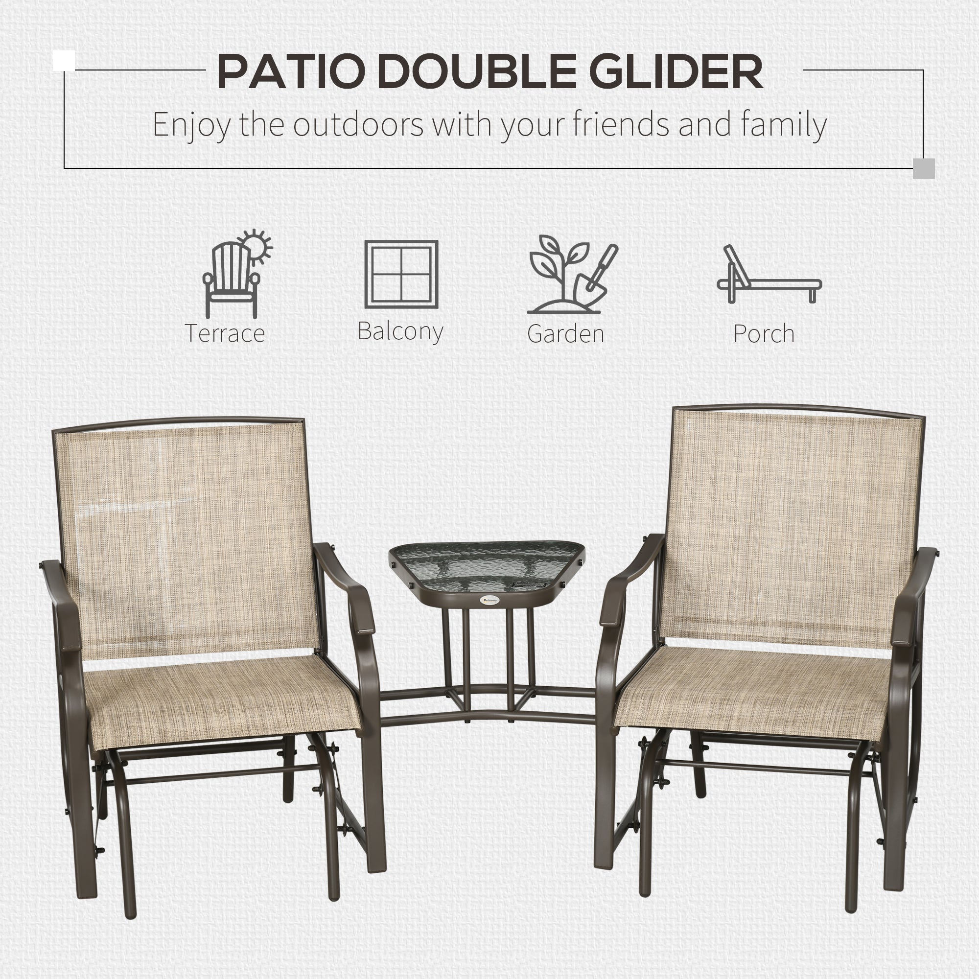 Outdoor Glider Chairs with Coffee Table, Patio 2-Seat Rocking Chair Swing Loveseat with Breathable Sling for Backyard, Garden, and Porch, Light Brown