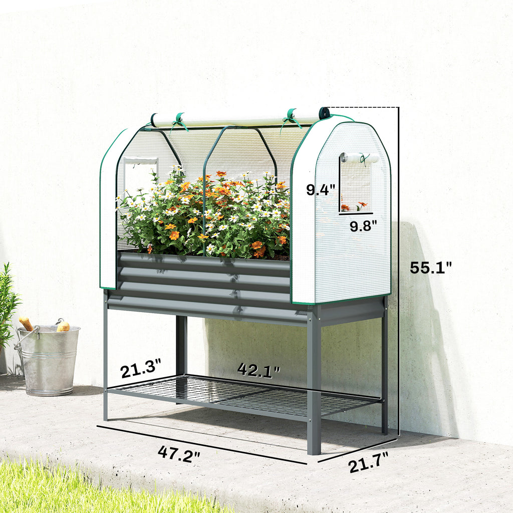 Galvanised Raised Garden Bed with Greenhouse Cover, Metal Elevated Garden Bed with Bed Liner, Bottom Shelf, Dark Gray