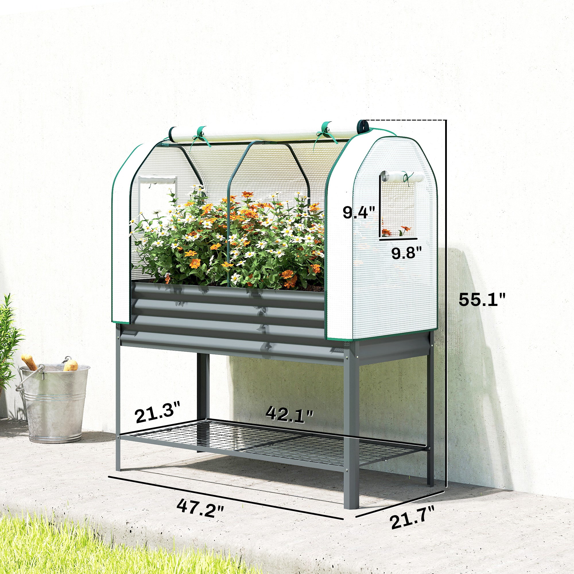 Galvanised Raised Garden Bed with Greenhouse Cover, Metal Elevated Garden Bed with Bed Liner, Bottom Shelf, Dark Gray