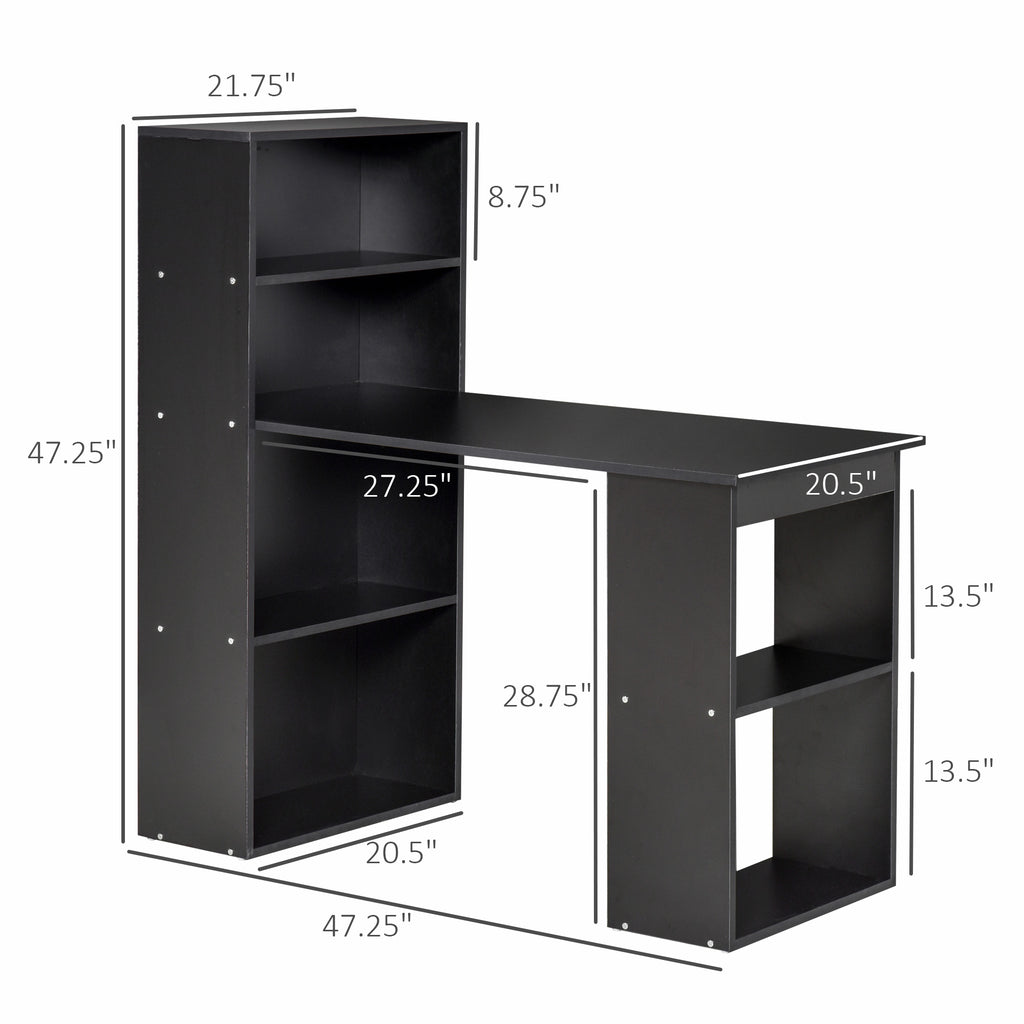 Computer Desk with 6-Tier Storage Shelves, Writing Desk Workstation with Bookshelf for Home Office, Black