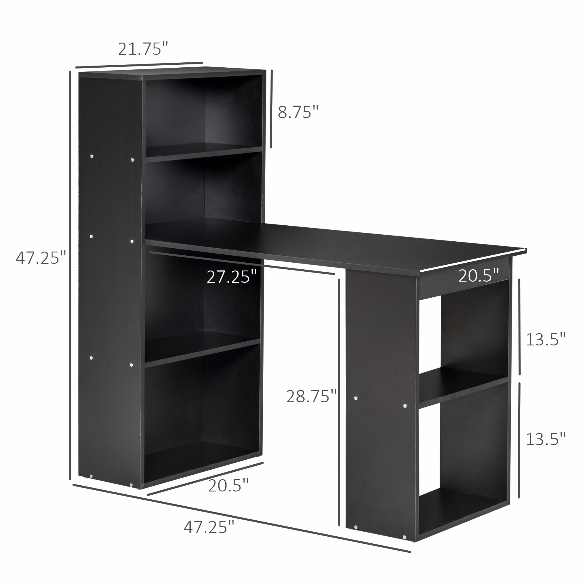 Computer Desk with 6-Tier Storage Shelves, Writing Desk Workstation with Bookshelf for Home Office, Black