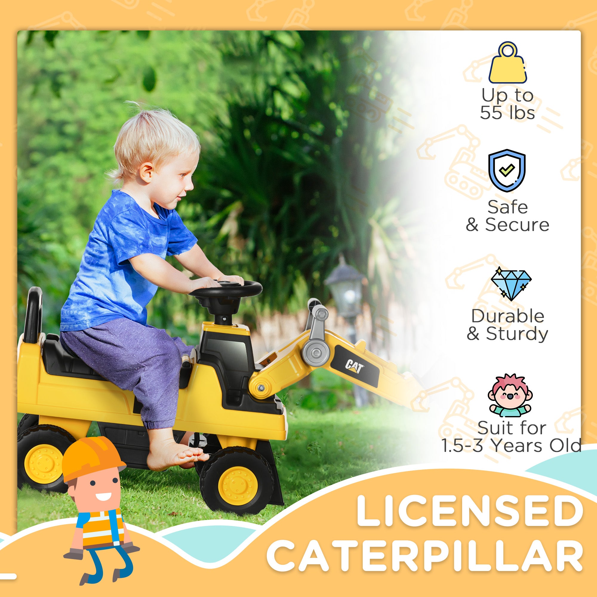 Caterpillar CAT Licensed Kids Ride on Excavator No Power Construction Vehicles with Manual Shovel, Horn, Hidden Storage