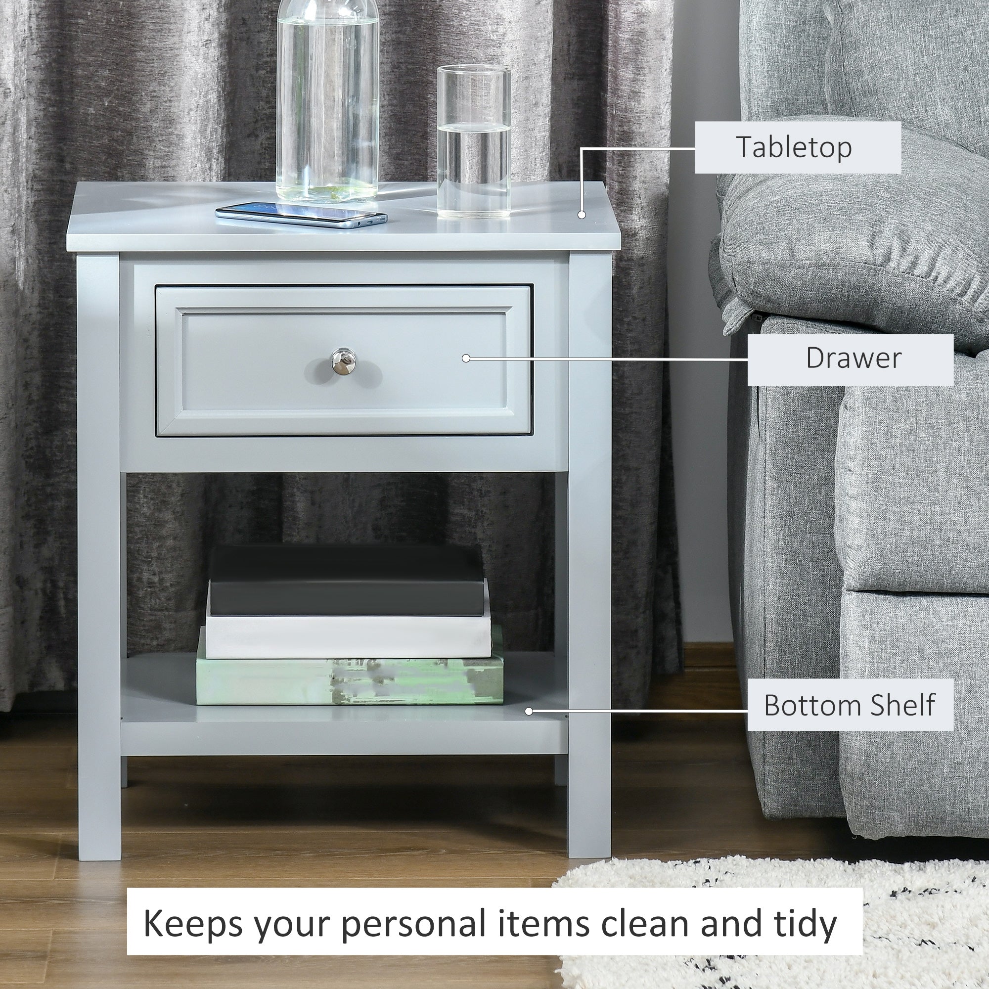 Sofa Side Table, Accent End Table with Storage Drawer and Bottom Shelf for Living Room,Gray
