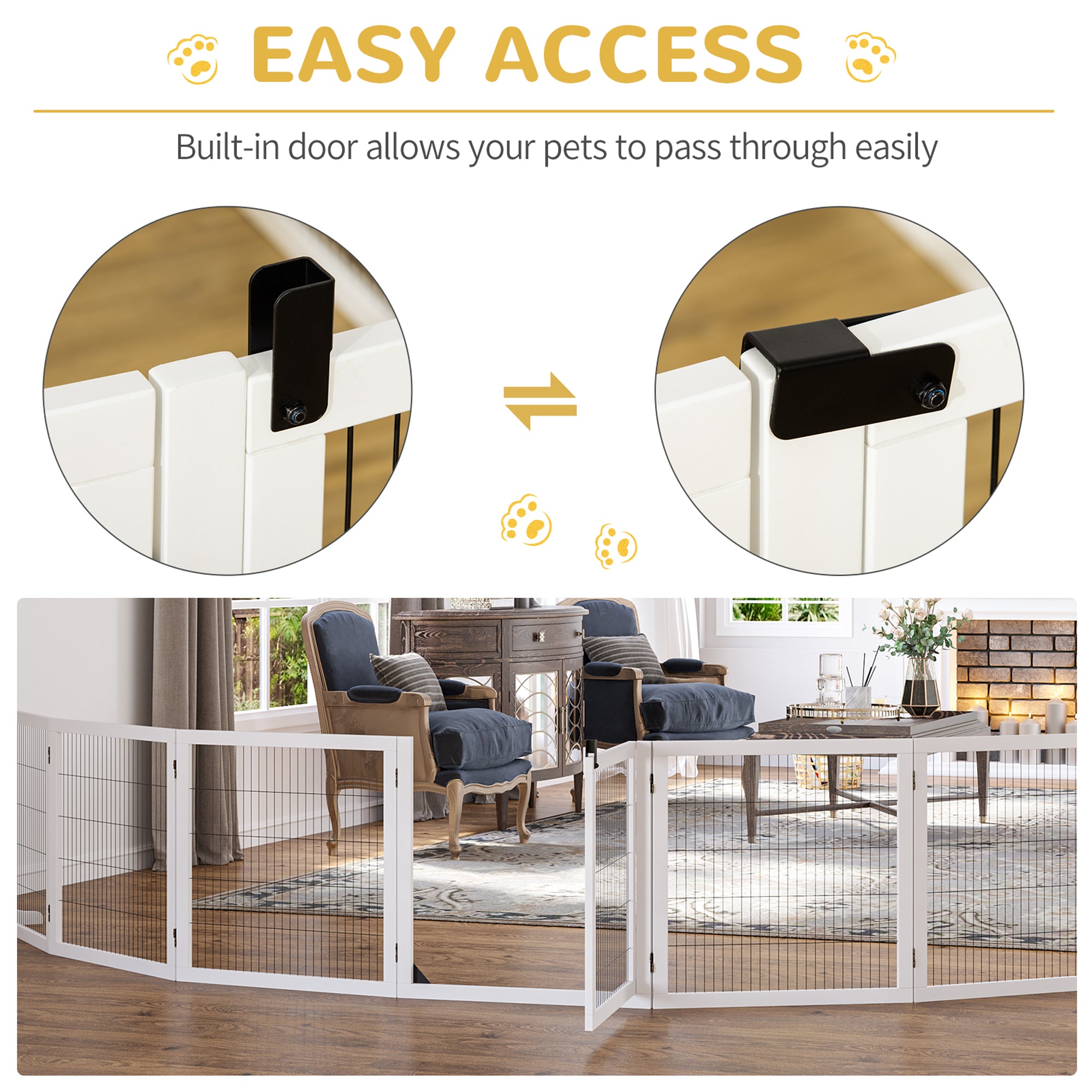 Wooden Pet Gate, 6-Panel Folding Dog Safety Barrier with Support Feet for Small & Medium Dogs, White