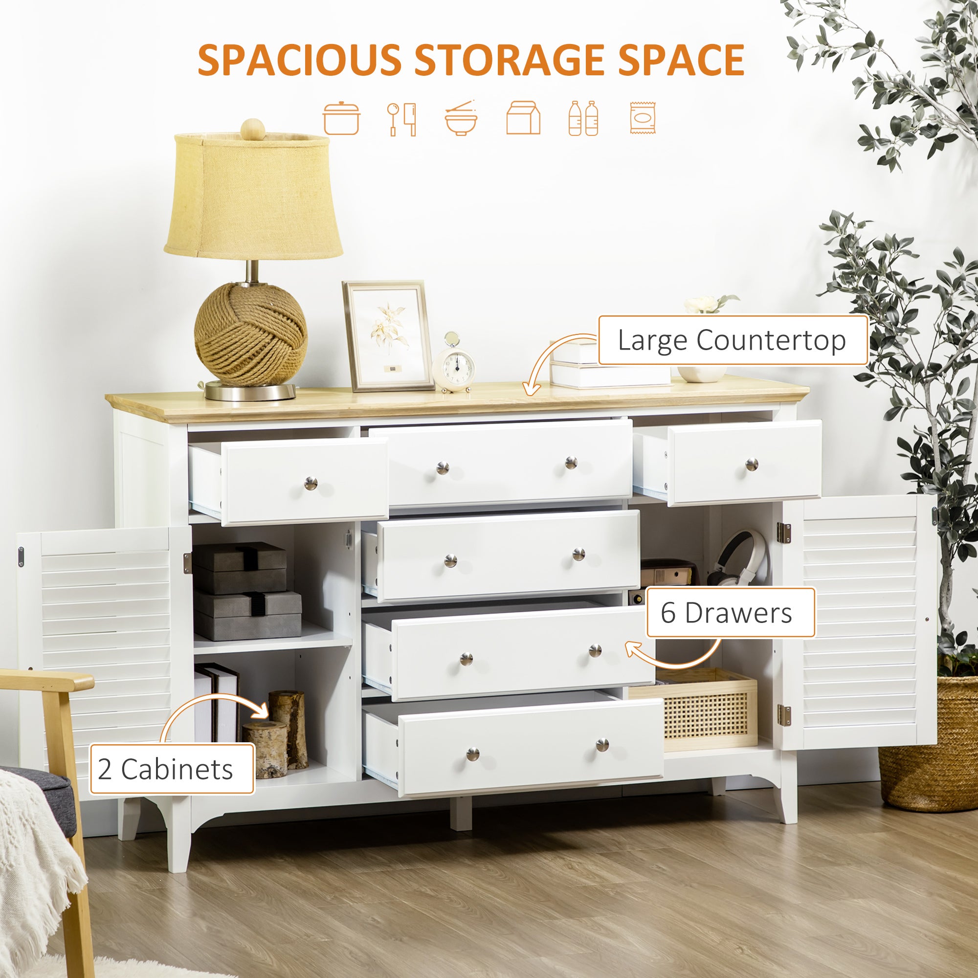 Sideboard Buffet Cabinet with Storage Drawers, Rubber Wood Top and Adjustable Shelves, Coffee Bar Cabinet, White