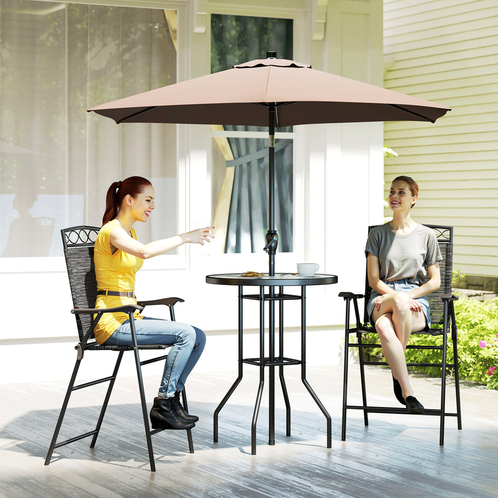 4 Piece Outdoor Bar Set with Umbrella, Patio Dining Set with 2 Folding Chairs, Wave Textured Tempered Glass Table for Backyard, Garden, Deck, Poolside, Black