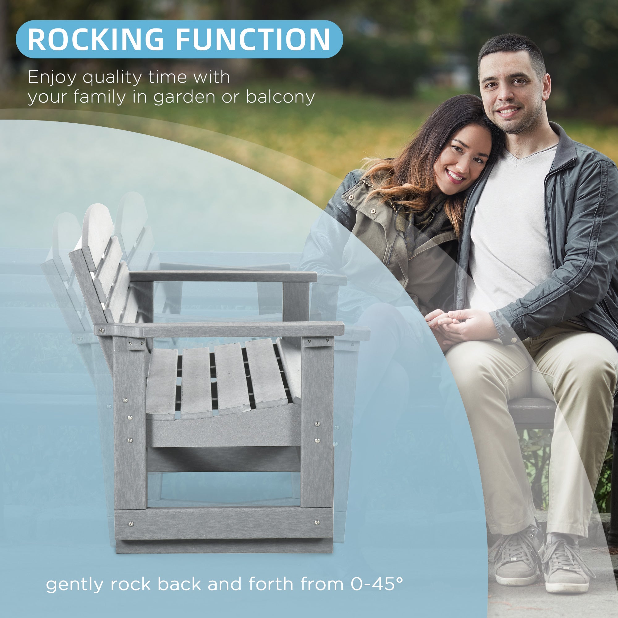 Patio Glider Bench w/ HDPE Slatted Double Rocking Chair, Light Gray