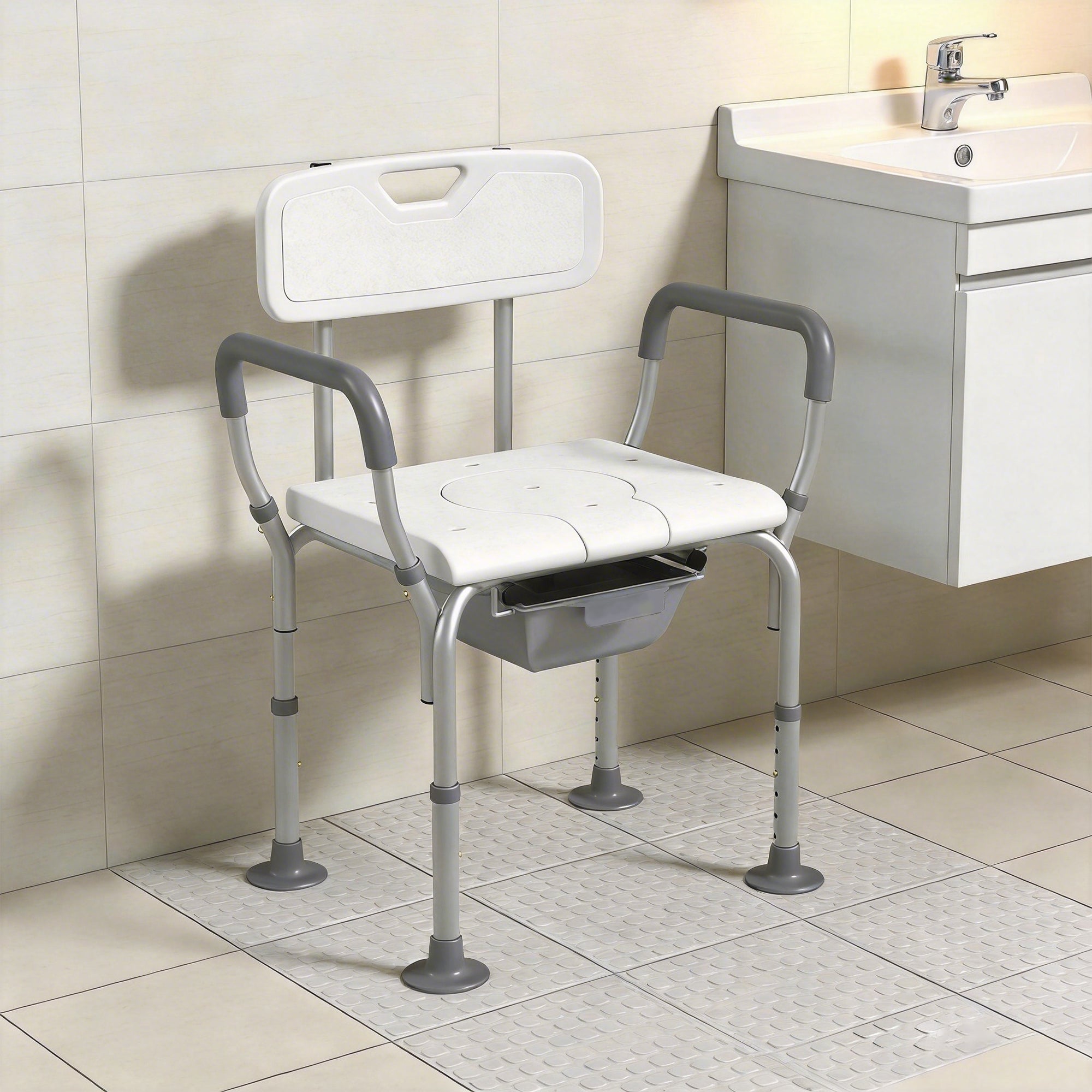 3-in-1 Shower Chair with Back and Arms, Height Adjustable Bedside Commode, Raised Toilet Seat with Non-Slip Rubber Foot Pad for Seniors, Disabled, White