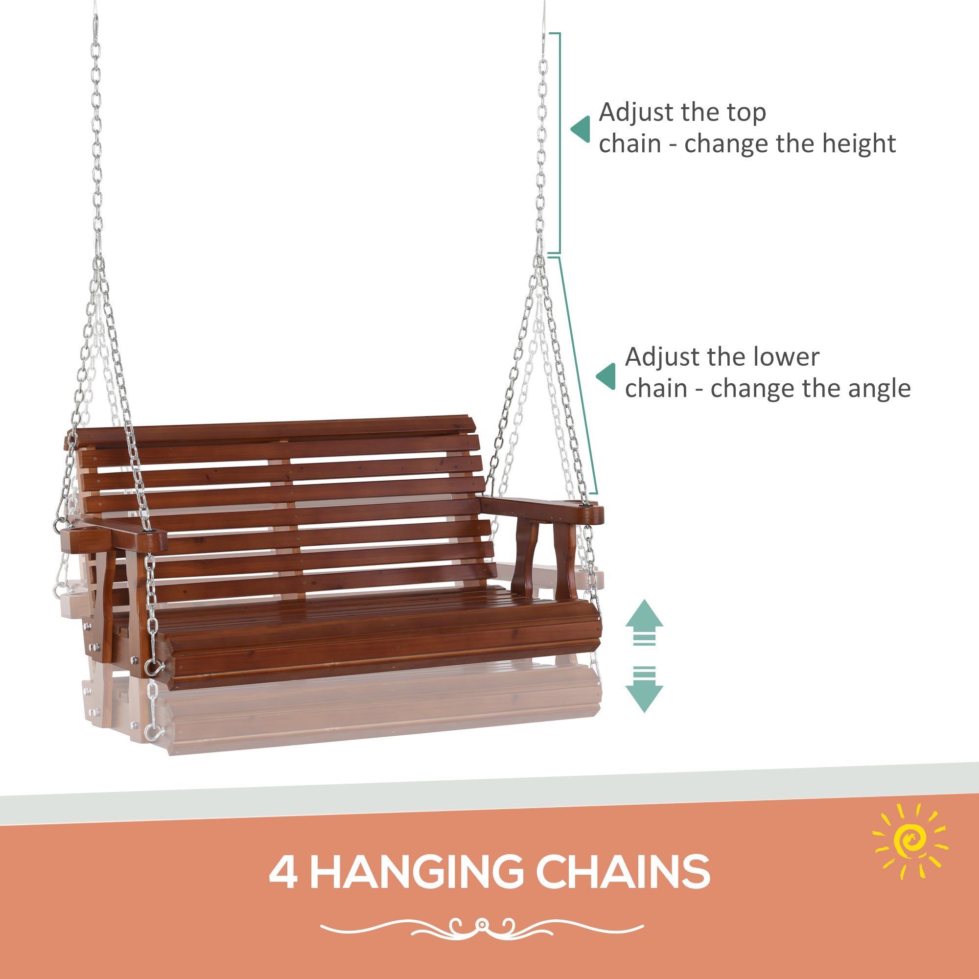 Porch Swing with Chains and Cupholders, 2 Person Wooden Patio Swing Chair, 440 lbs. Weight Capacity, for Garden, Poolside, Backyard, Brown