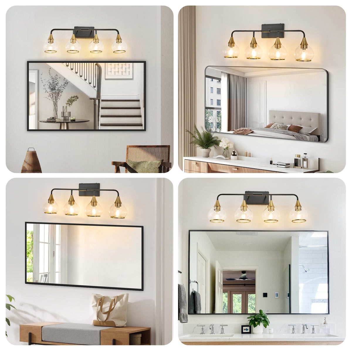 31" Modern 4-Light Vanity Wall Sconce with Clear Glass Shades, Industrial Wall Mounted Lamp for Living Spaces, 31" L x 8" W x 11" H, Black+Gold