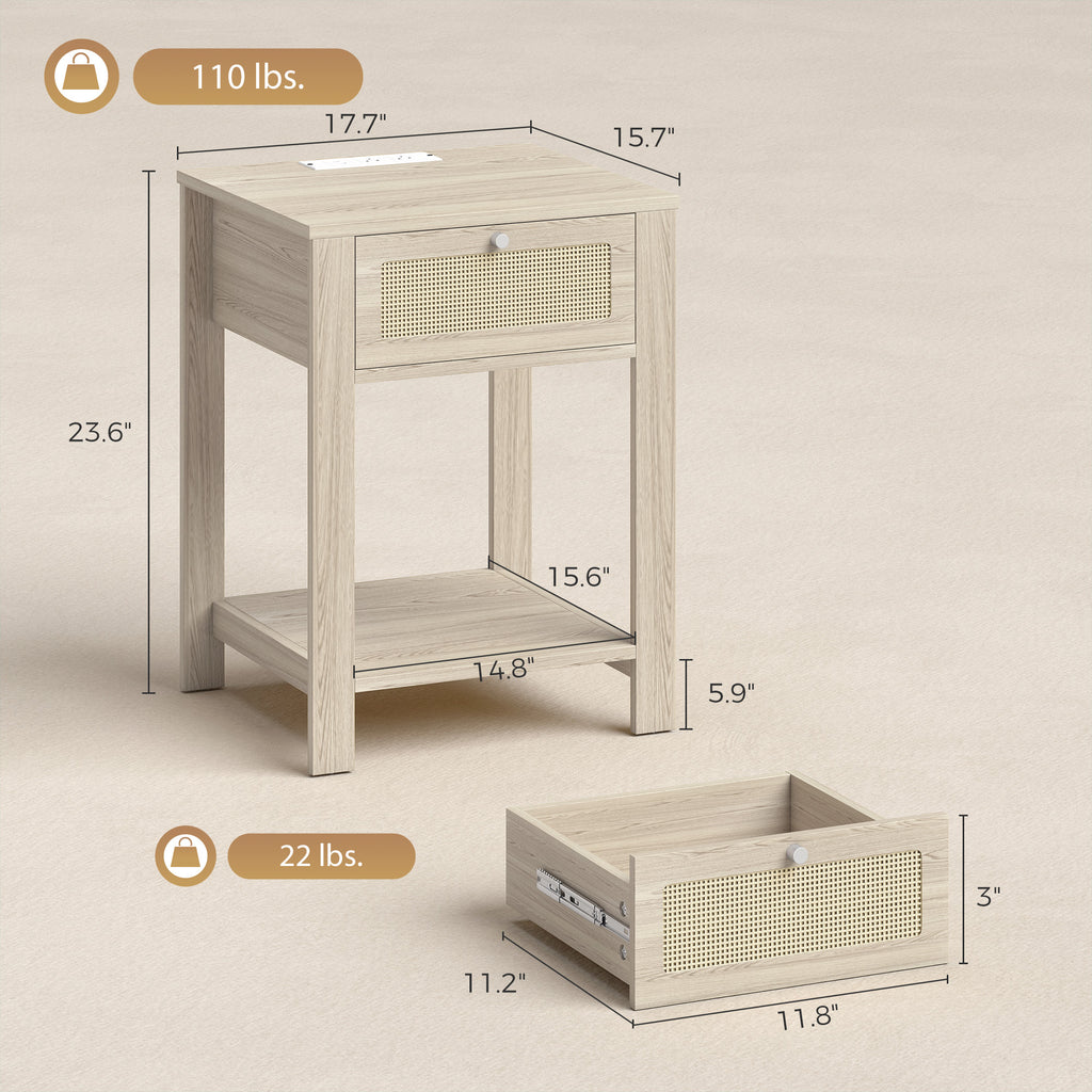 Boho Side Tables Set of 2 with Charging Station, End Tables with Drawer and Open Shelf for Living Room, Natural Wood
