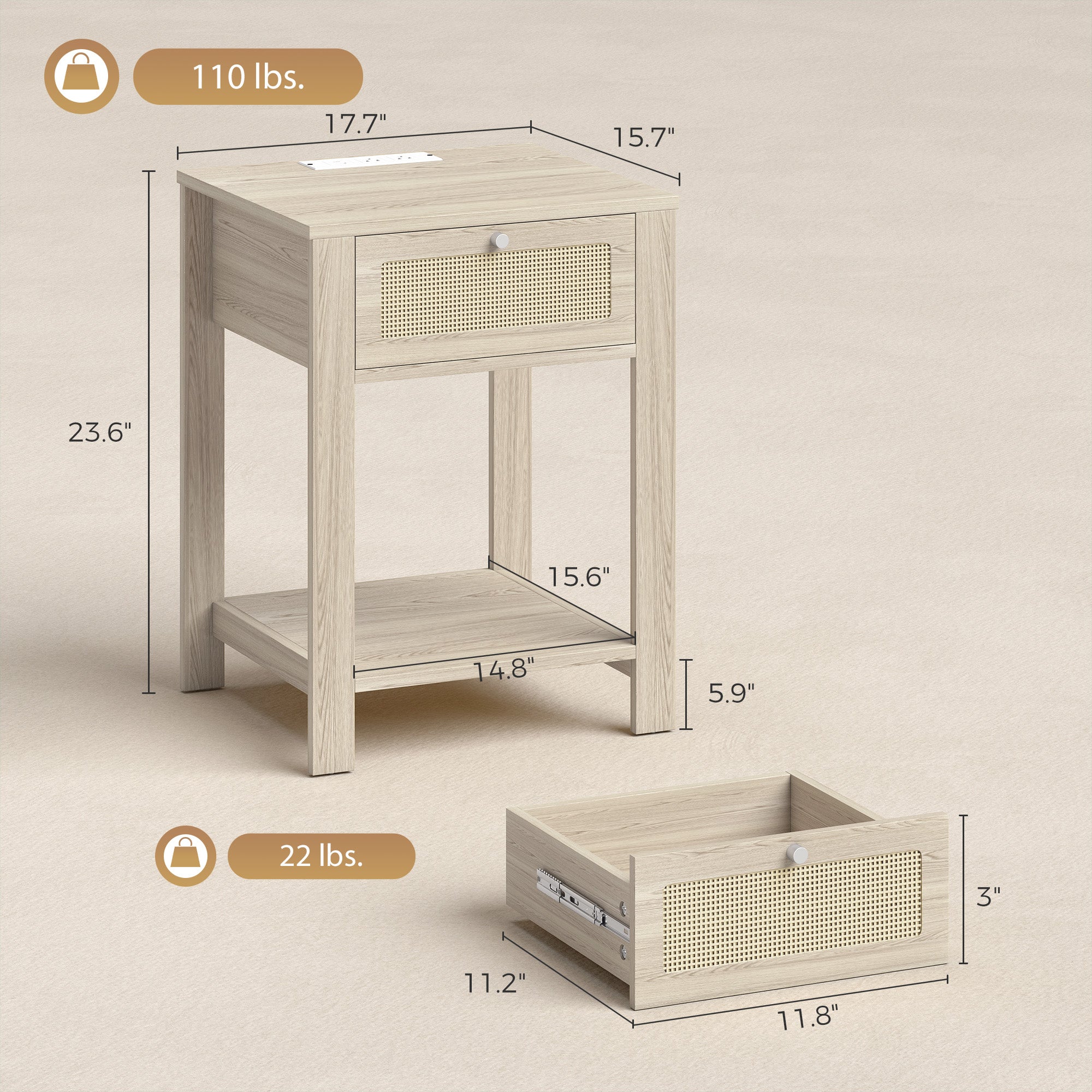 Boho Side Tables Set of 2 with Charging Station, End Tables with Drawer and Open Shelf for Living Room, Natural Wood