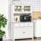 63.5" Kitchen Buffet with Hutch, Pantry Storage Cabinet with 4 Shelves, Drawers, Framed Glass Doors, Open Microwave Countertop, Antique White