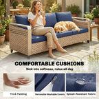 Rattan Wicker Sofa 3-Seater Outdoor Patio Sofa with Cushions for Garden Backyard Porch Dark Blue