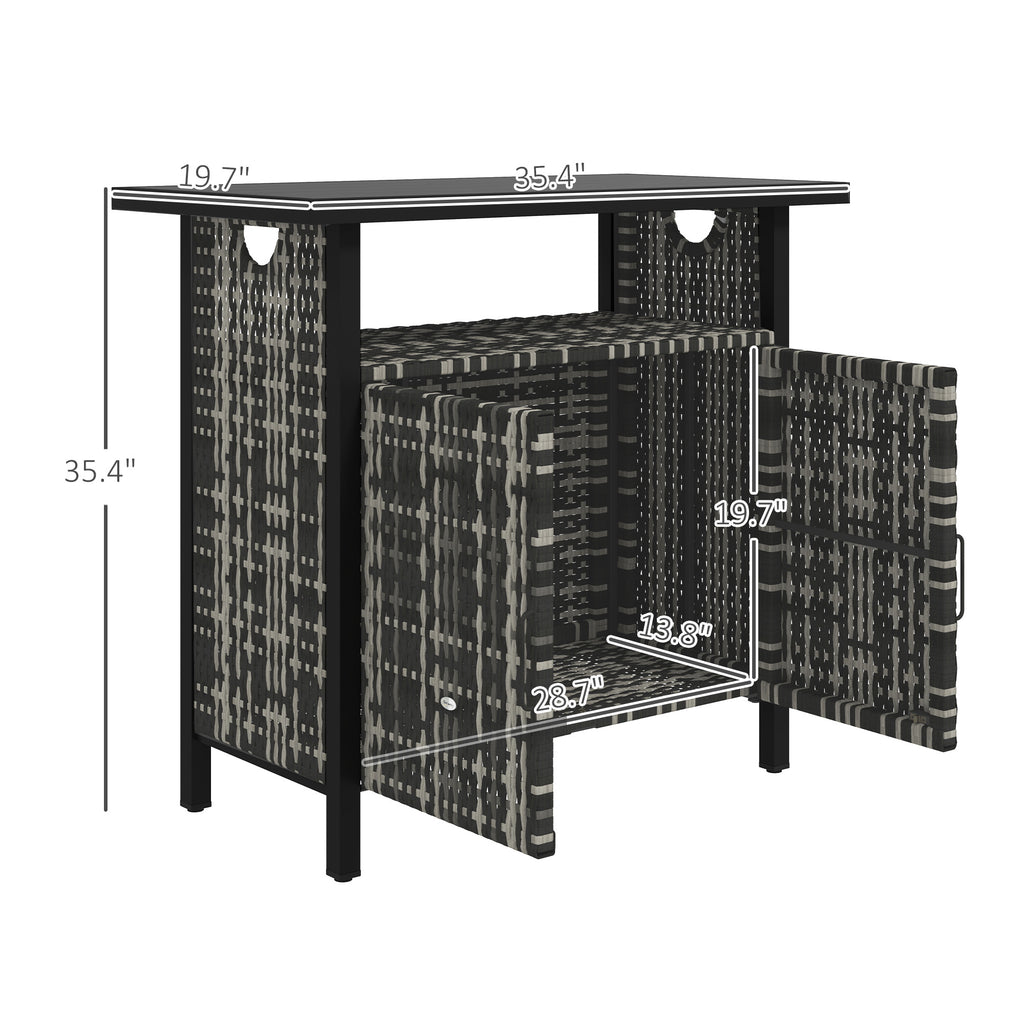 Outdoor Pool Towel Storage Cabinet Organizer, Outdoor Bar Table with Shelf and Cabinet, Pool Towel Holder Pool Valet with Weather-Resistant PE Rattan and Steel Frame, Mixed-Gray