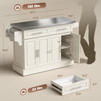 Rolling Kitchen Island with Stainless Steel Top, 2 Drawers, Spice, Knife and Towel Rack and Cabinets, Cream White