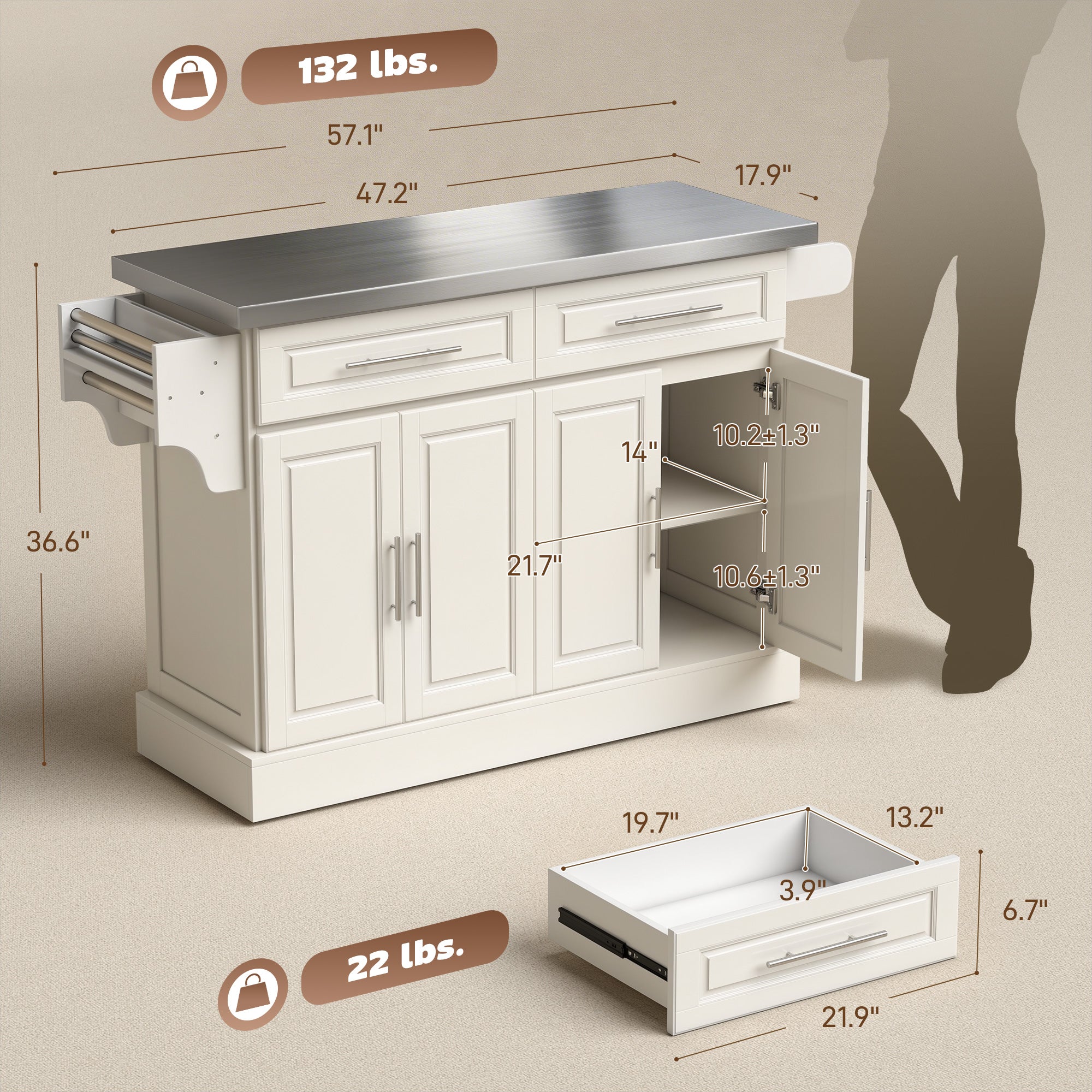 Rolling Kitchen Island with Stainless Steel Top, 2 Drawers, Spice, Knife and Towel Rack and Cabinets, Cream White