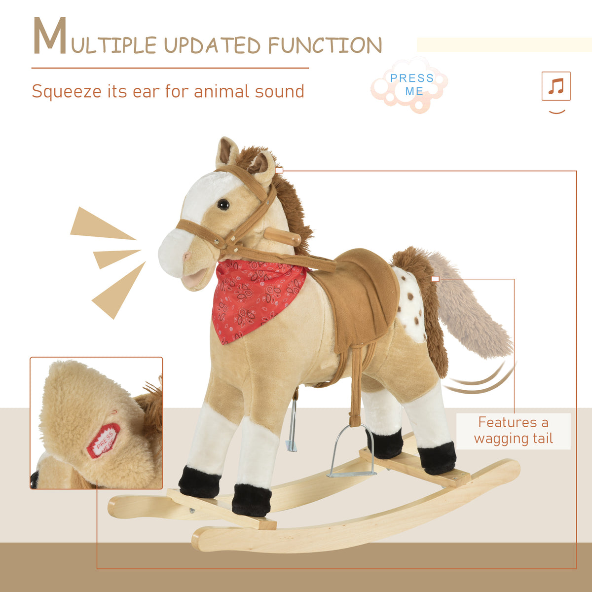 Kids Plush Ride-On Rocking Horse Toy Cowboy Rocker with Fun Realistic Sounds for Child 3-6 Years Old, Beige