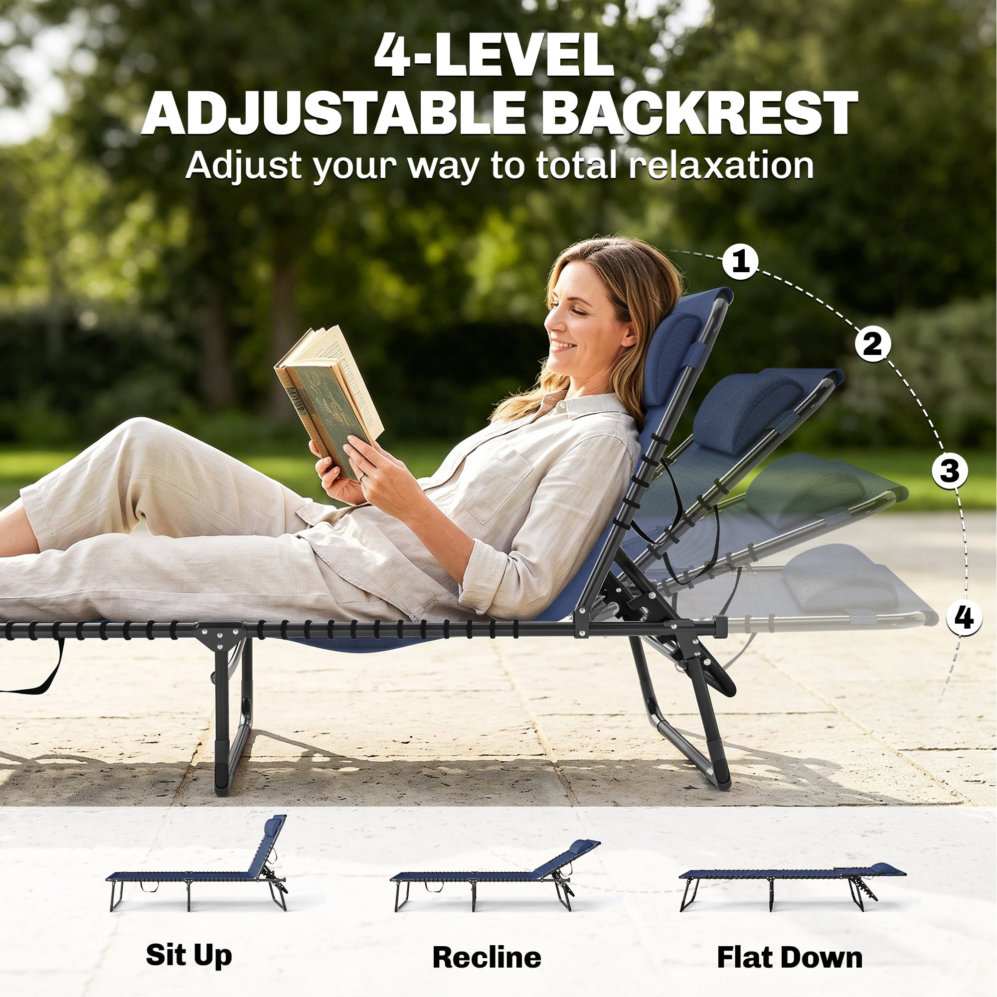 Folding Chaise Lounge Pool Chair with 4-Position Reclining Back, Pillow, Breathable Mesh & Bungee Seat, Dark Blue