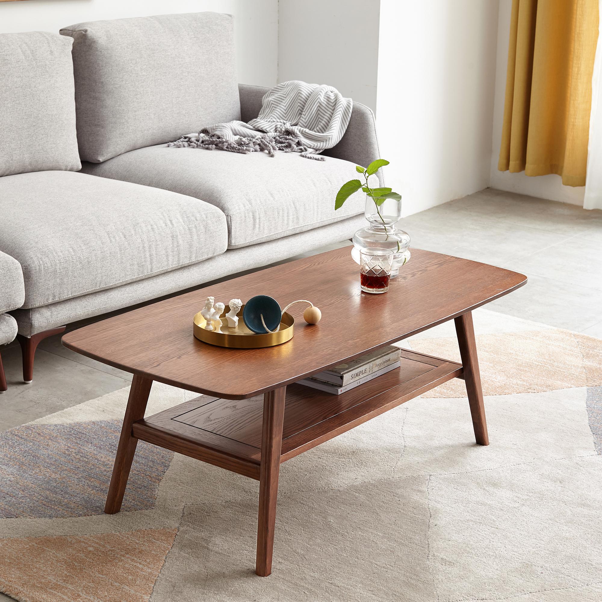 Practical Coffee Table with 2-Tier Open Storage & Rounded Corners, Safe center table for Living Area, 31.5″ L x 19.5″ W x 17.5″ H, Walnut