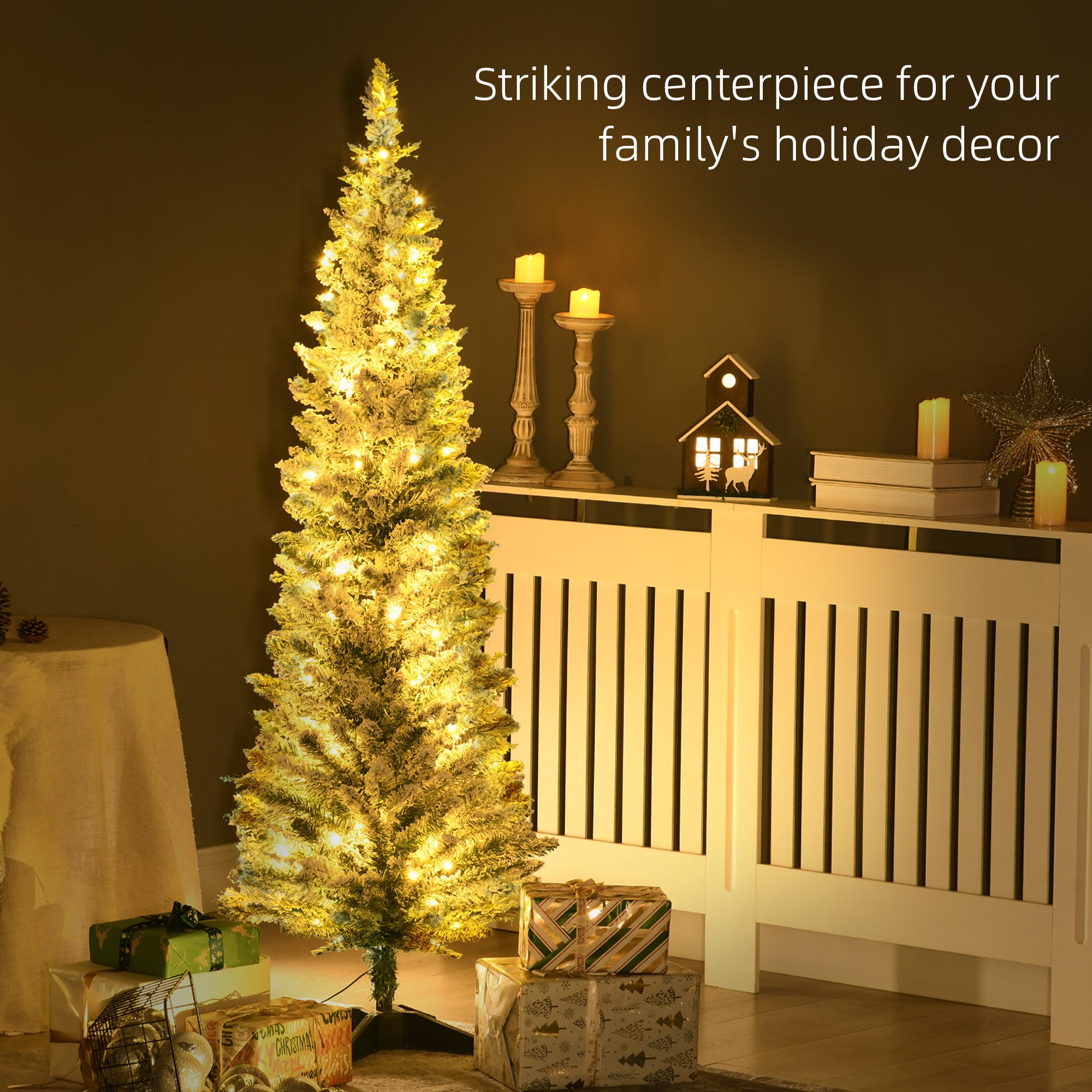 5ft Pencil Christmas Tree, Slim Artificial Christmas Tree with Realistic Branches and Warm White LED Lights, Green