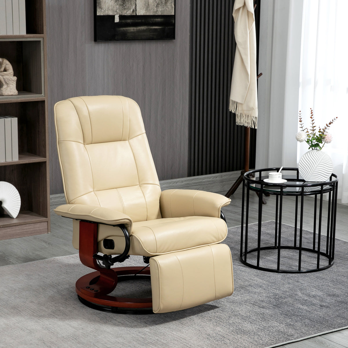 Air Leather Manual Recliner, Adjustable Swivel Lounge Chair with Footrest, Armrest and Wrapped Wood Base, Cream White