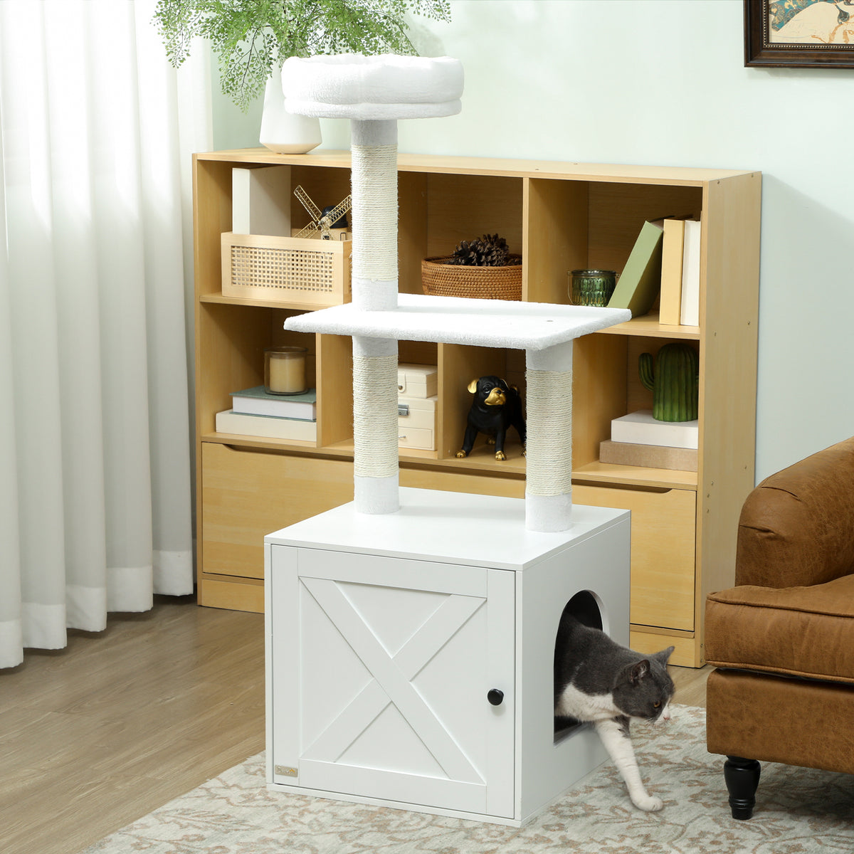 Cat Tree with Litter Box Enclosure, Scratching Posts, Bed, Climbing Platforms for Indoor Cats, White