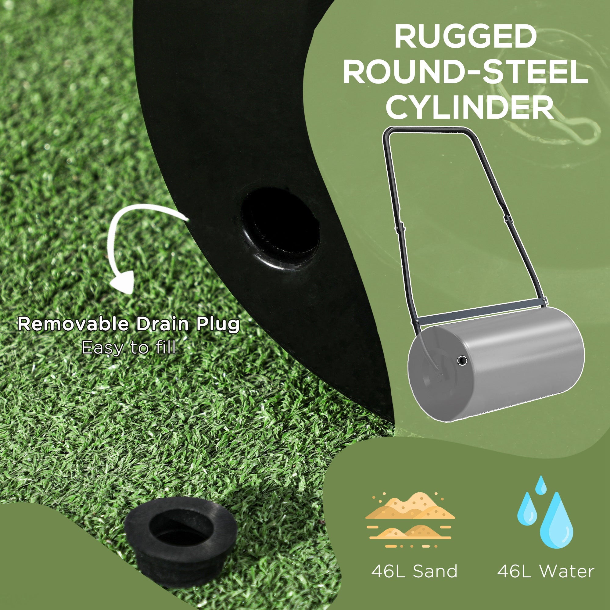 46L Lawn Roller, Push/Tow Behind Sod Roller with U Shaped Handle, Water Filled Yard Roller for Garden, Lawn, Backyard