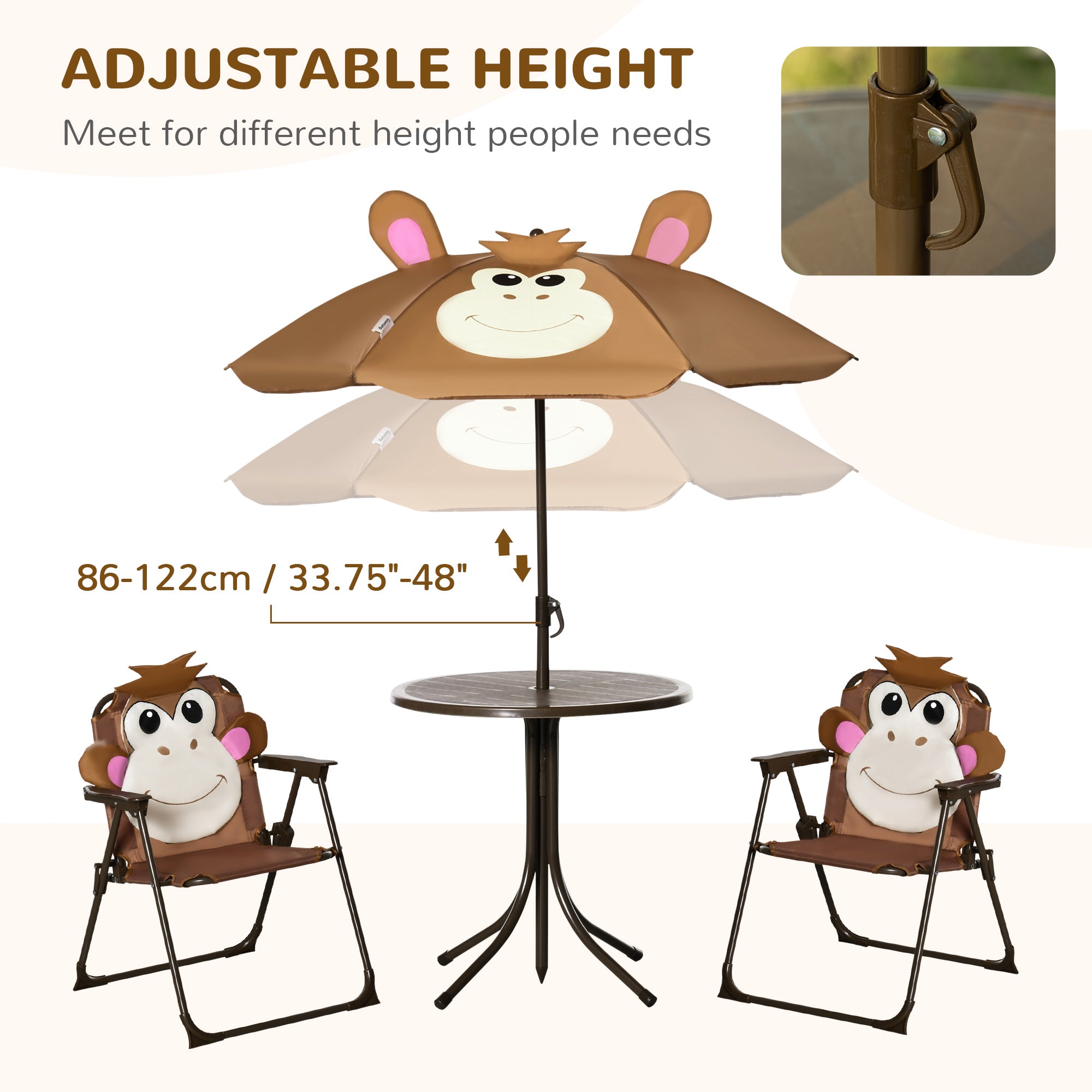 Kids Table and Chair Set, Outdoor Folding Garden Furniture, Picnic Table for Patio Backyard, with Removable & Height Adjustable Sun Umbrella, Brown
