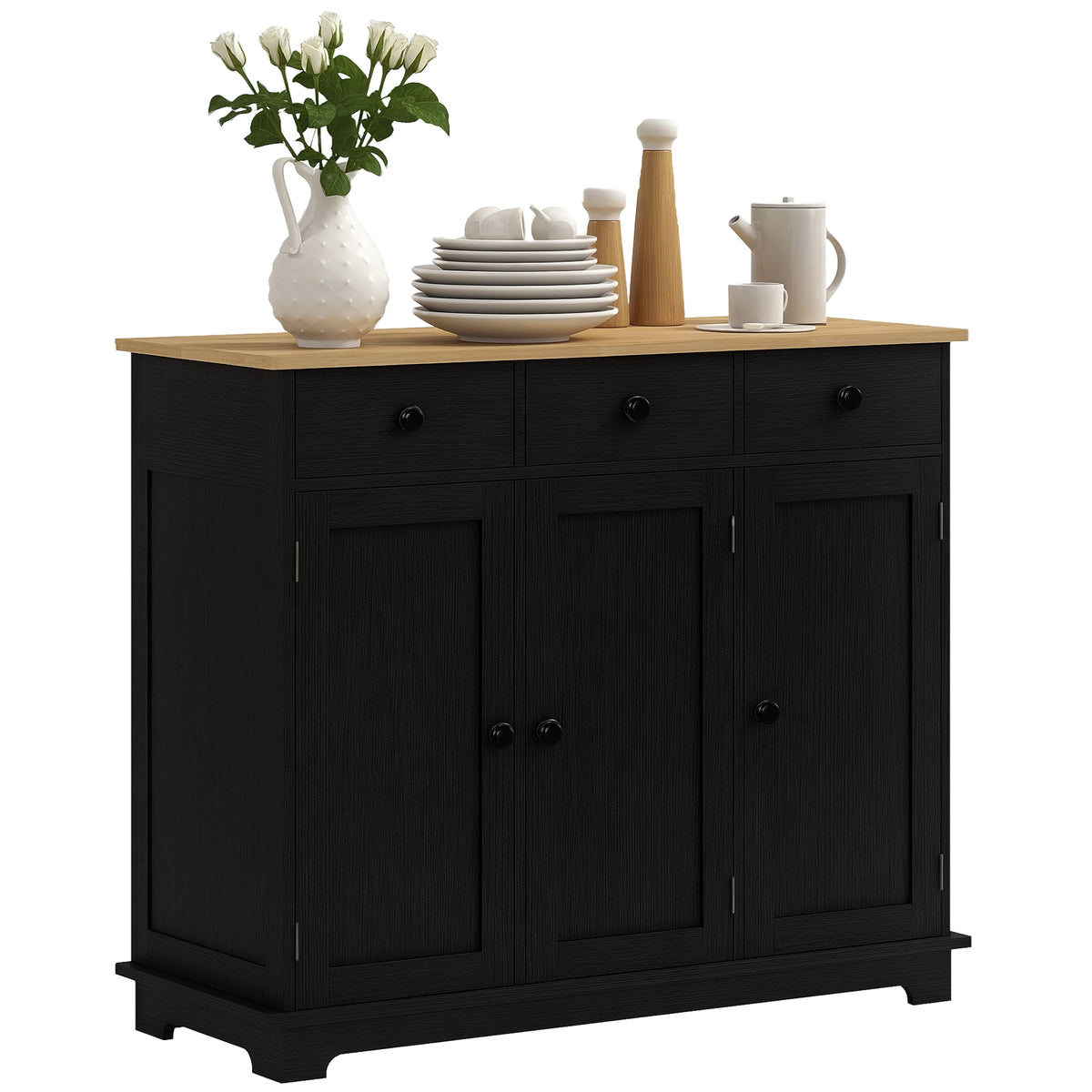 Kitchen Storage Cabinet, Sideboard Floor Cupboard with Solid Wood Top, Adjustable Shelf, and 3 Drawers, Black Wood Grain