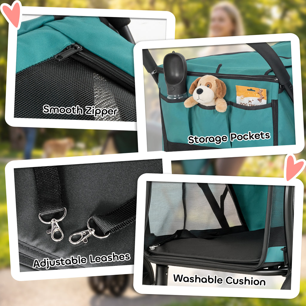 3 Wheel Pet Stroller with Easy One-Click Quick Fold, Mesh Window, Washable Cushion, for Medium Dogs, Dark Green