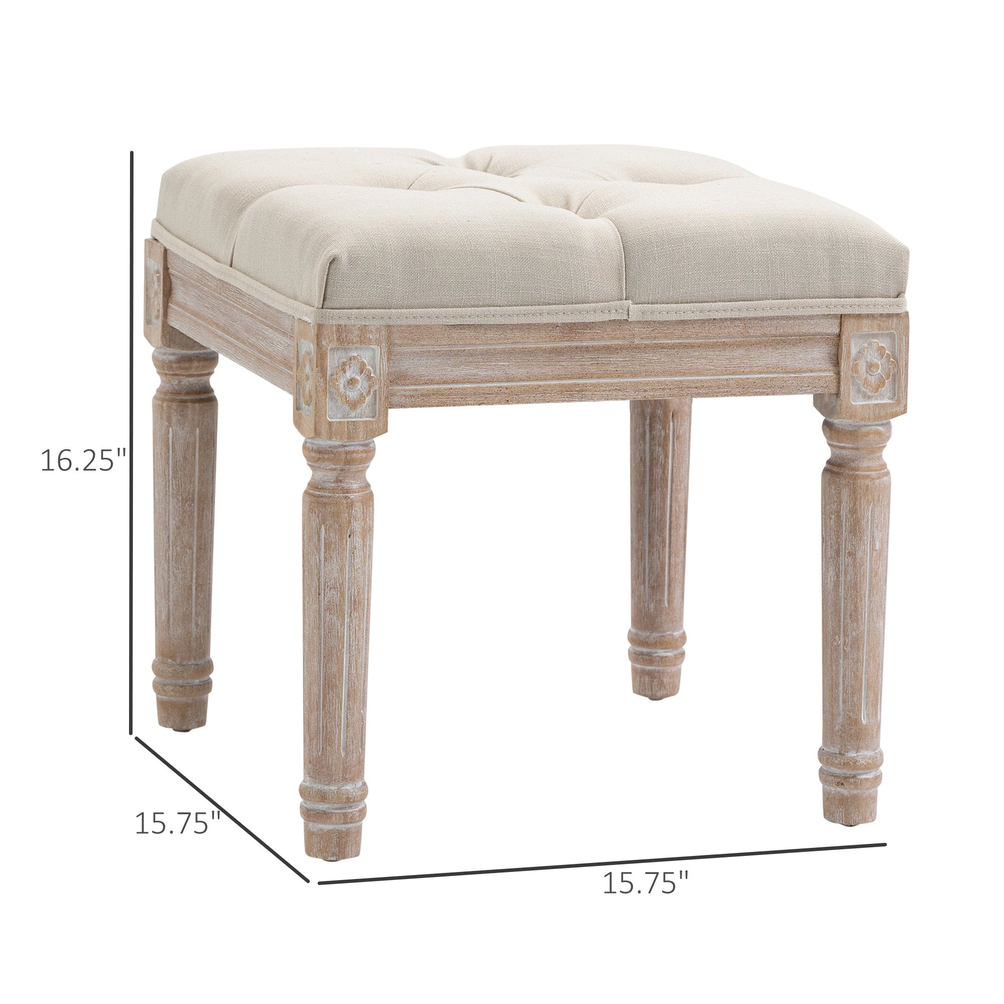 Ottoman Bench Vintage Footrest w/ Button Tufted Seat, Carved Wooden Legs, Beige