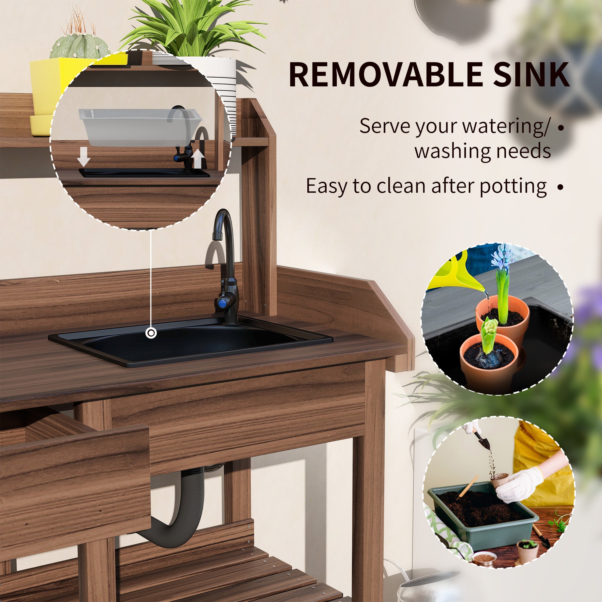 Potting Bench Table, Outdoor Garden Table Wooden Work Station with Removable Sink, Faucet, Drawer, Shelves, Hooks, Dark Brown