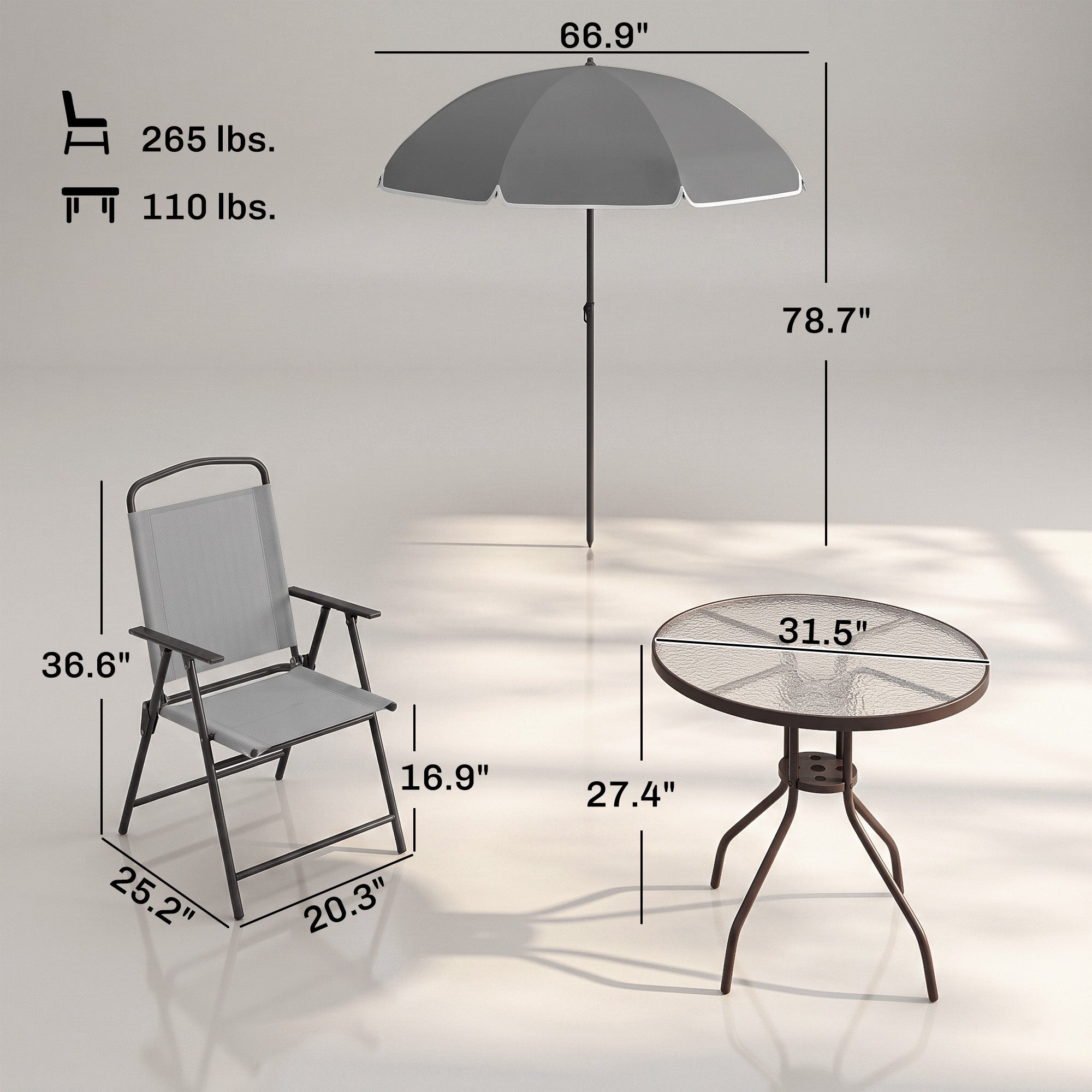 6 Piece Patio Dining Set for 4 with Umbrella, with 4 Folding Dining Chairs & Round Glass Table for Garden, Gray
