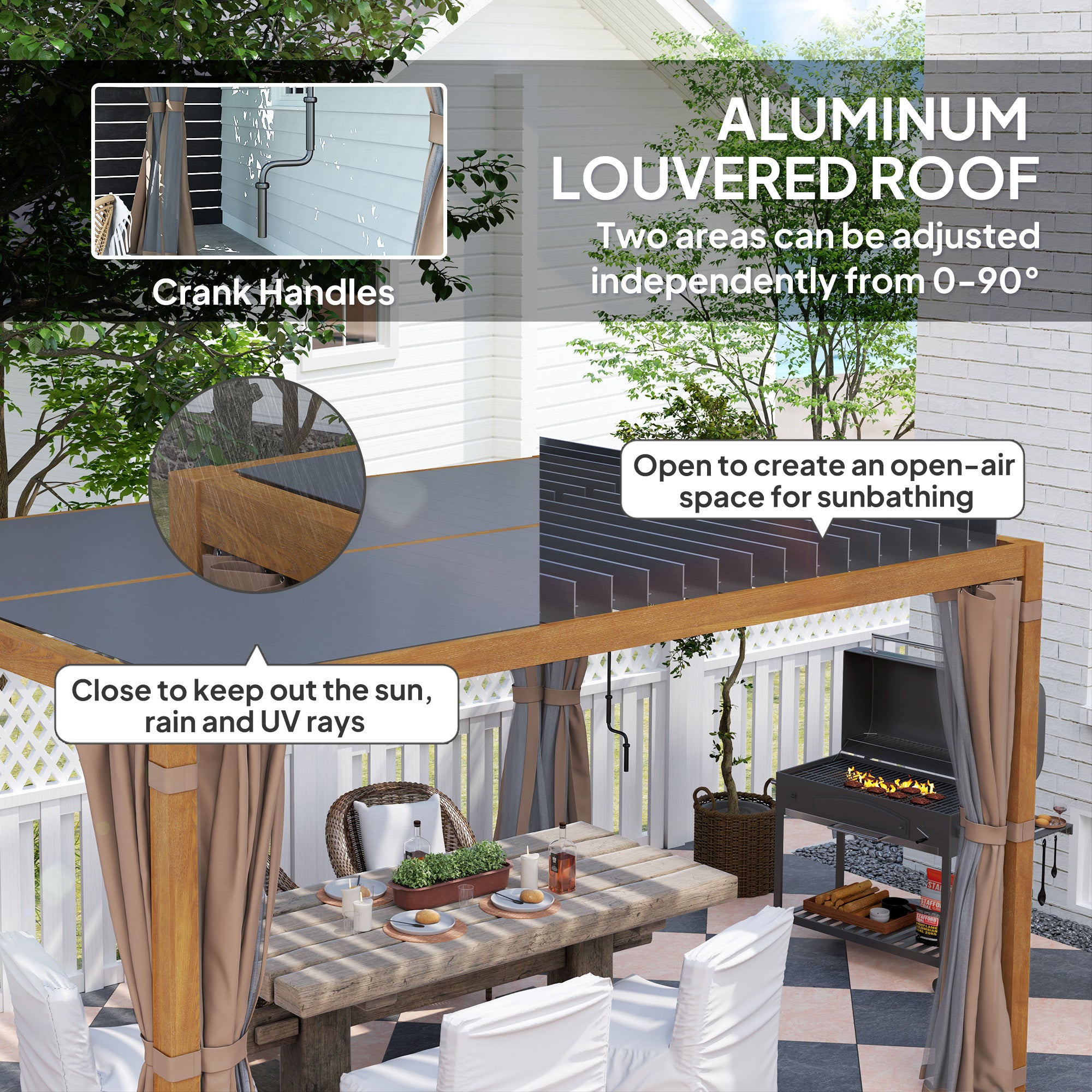 10' x 13' Outdoor Retractable Pergola w/ Sun Shade Louvered Top, Pergola w/ Canopy, Curtains, Netting, Natural Wood