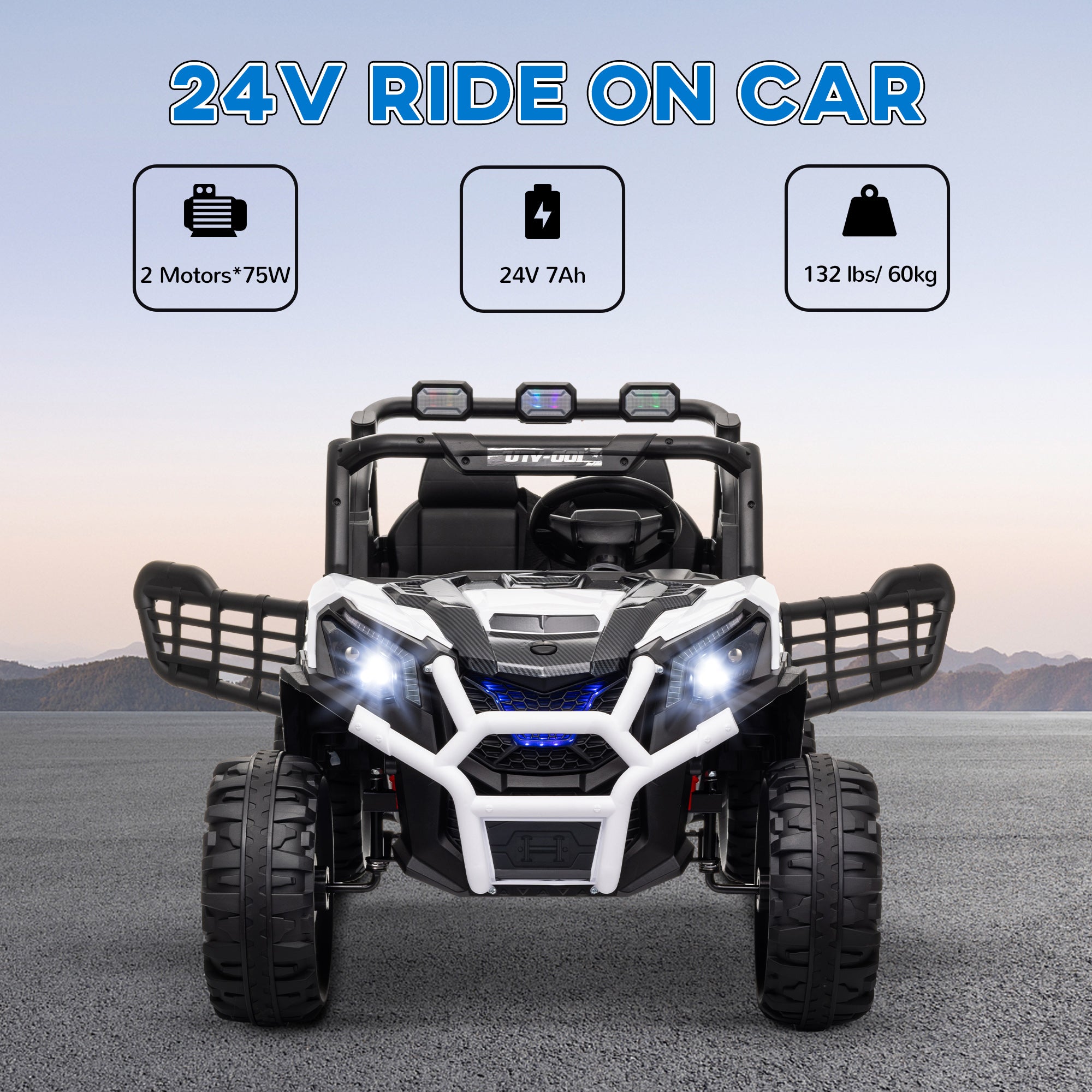 2 Seater 24V Kids Electric Car w/ Remote Control, 3 Speed, LED Lights, Music, Horn, Spring Suspension, Slow Start, White