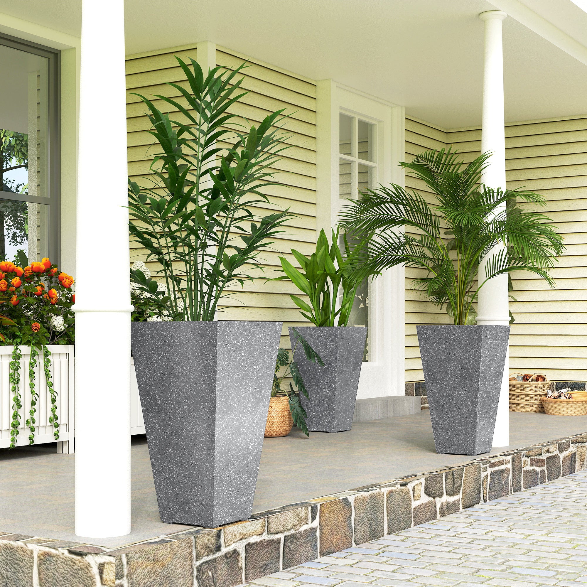 28" Tall Planters, Set of 3 Plastic Flower Pots with Marble Finish and Drainage Holes, Stackable Taper Planters, Gray