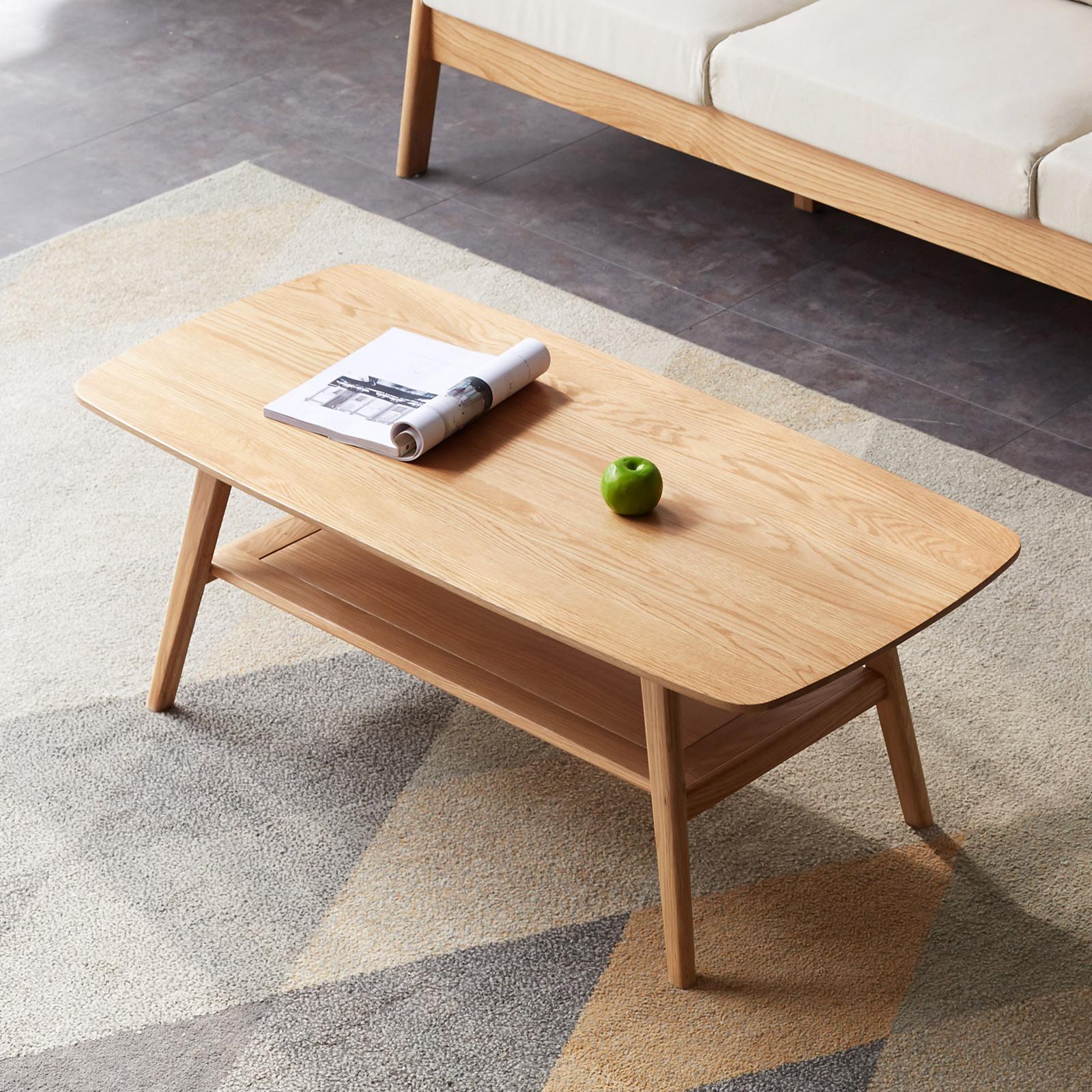 Sturdy Coffee Table with 2-Tier Storage Shelf & Wood‑Grain Top, Safe Center Table with Rounded Corners, 39.5″ L x 19.5″ W x 17.5″ H, Oak