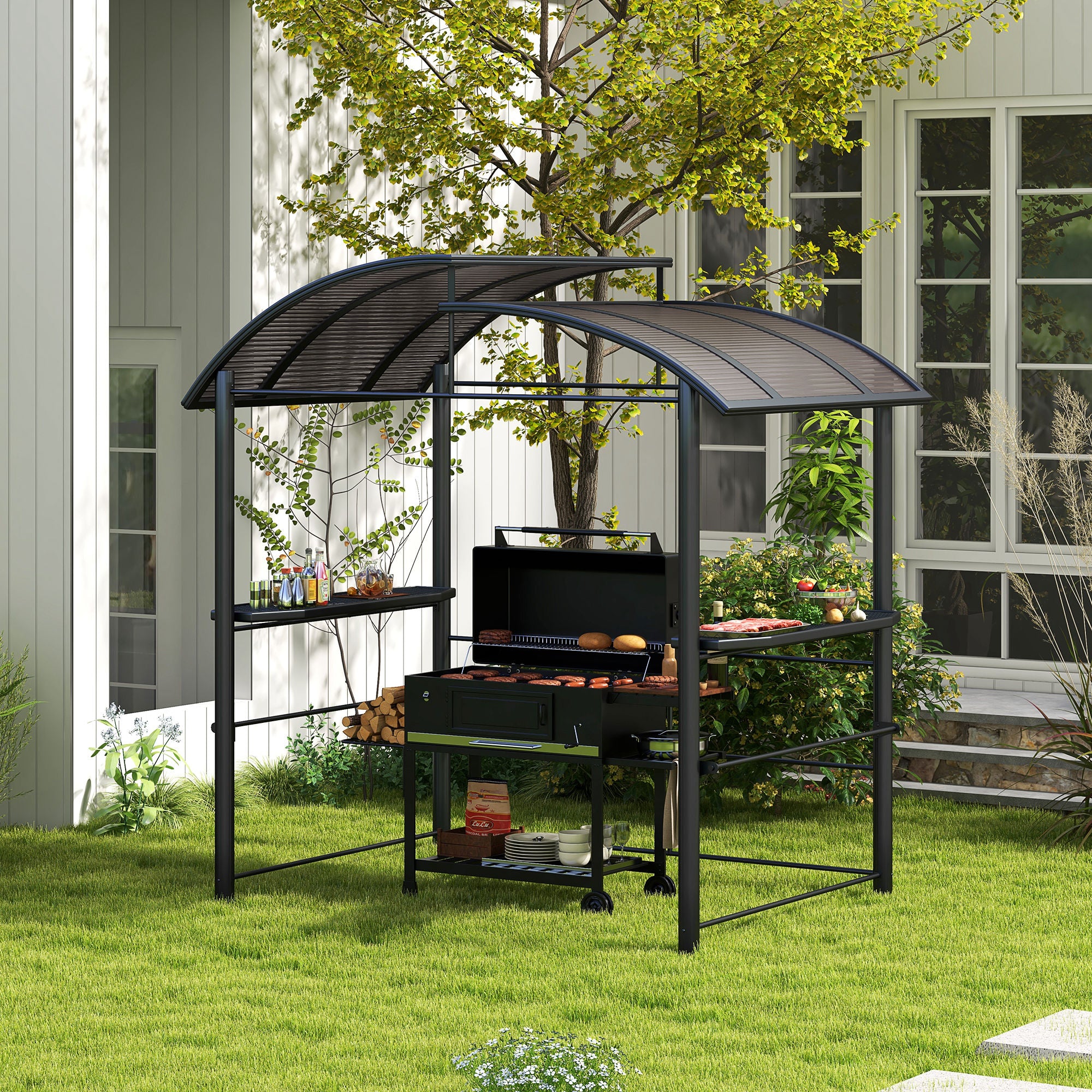 8' x 5' Outdoor Grill Gazebo Canopy Shelter with Vented PC Roof, Side Shleves