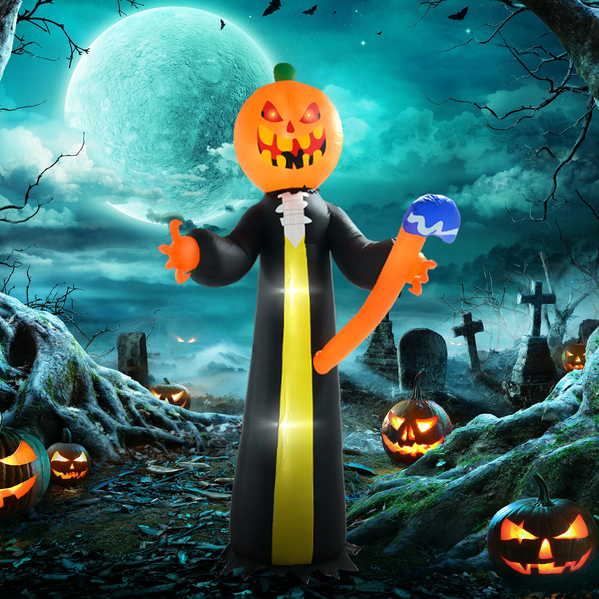 10ft Inflatable Halloween Pumpkin Head Ghost with Hammer, Blow Up LED Display for Garden Indoor Outdoor