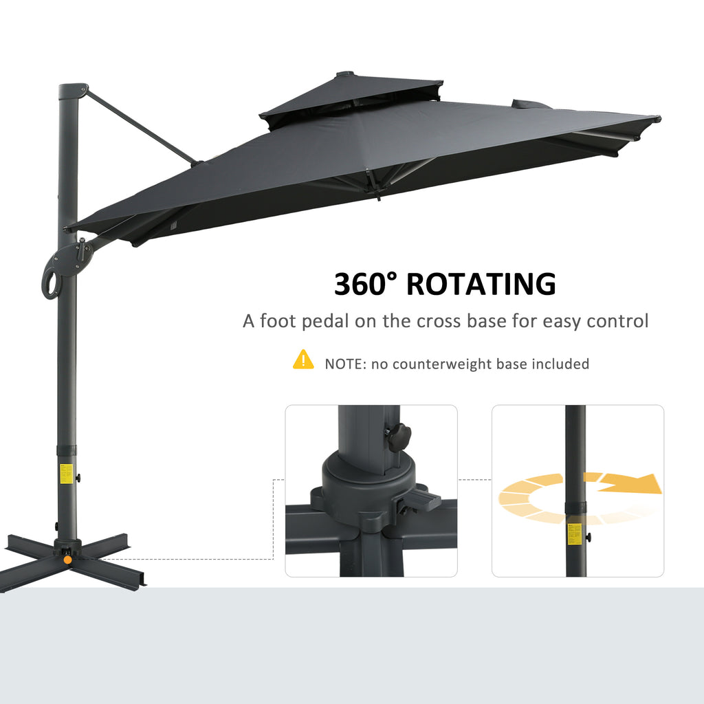 10ft Offset Patio Umbrella, Hanging Cantilever Umbrella, Square Shape, Aluminum Cross Base, Tilt, 360-Degree Rotation, Gray