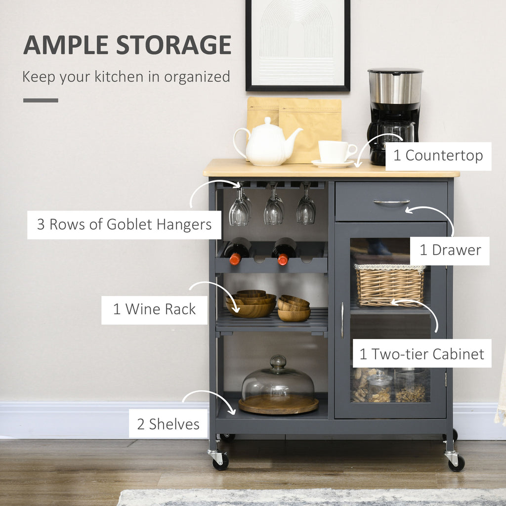 Rolling Kitchen Island with Storage, Kitchen Cart with 4-bottle Wine Rack, Bar Cart with Stemware Holder, Shelves, Drawer and Cabinet, Gray