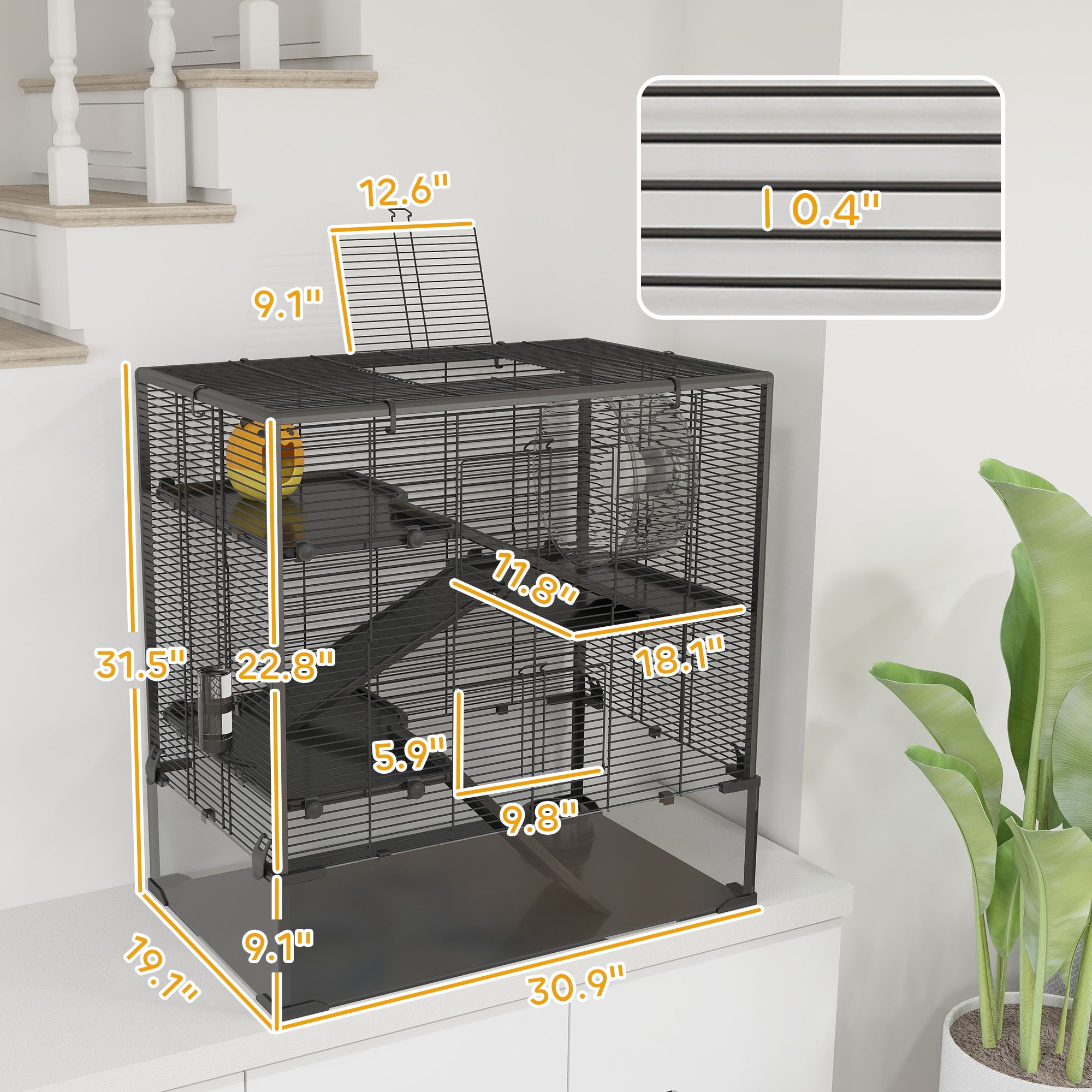 4 Tier Hamster Cage with Deep Tempered Glass Bottom, Running Wheel, Hut, Water Bottle, Food Dish, 31" x 19" x 31.5"