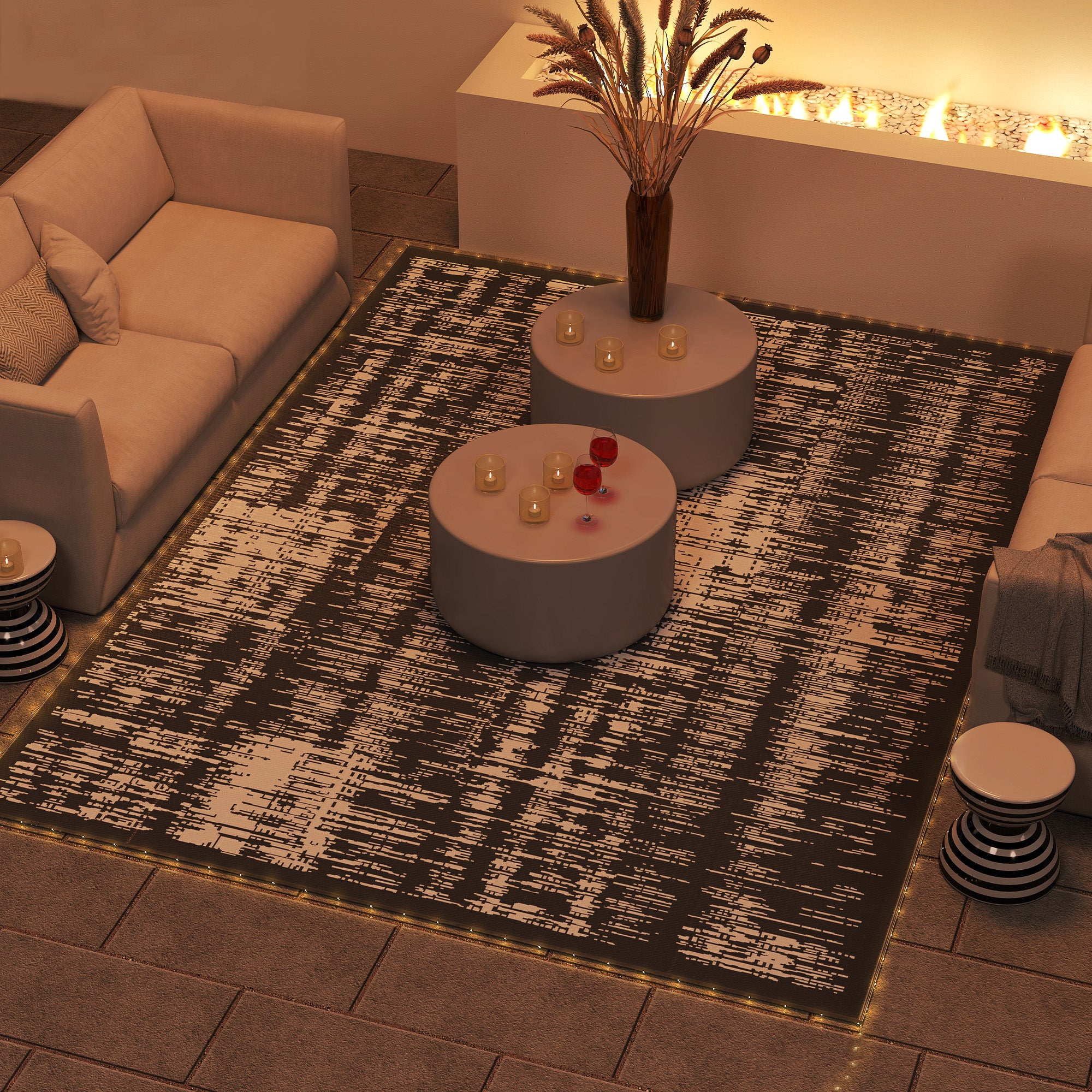 Reversible Outdoor Rug Carpet with LED Lights, Carry Bag & Ground Stakes for Backyard, Deck, Picnic, Beach, 12' x 9'