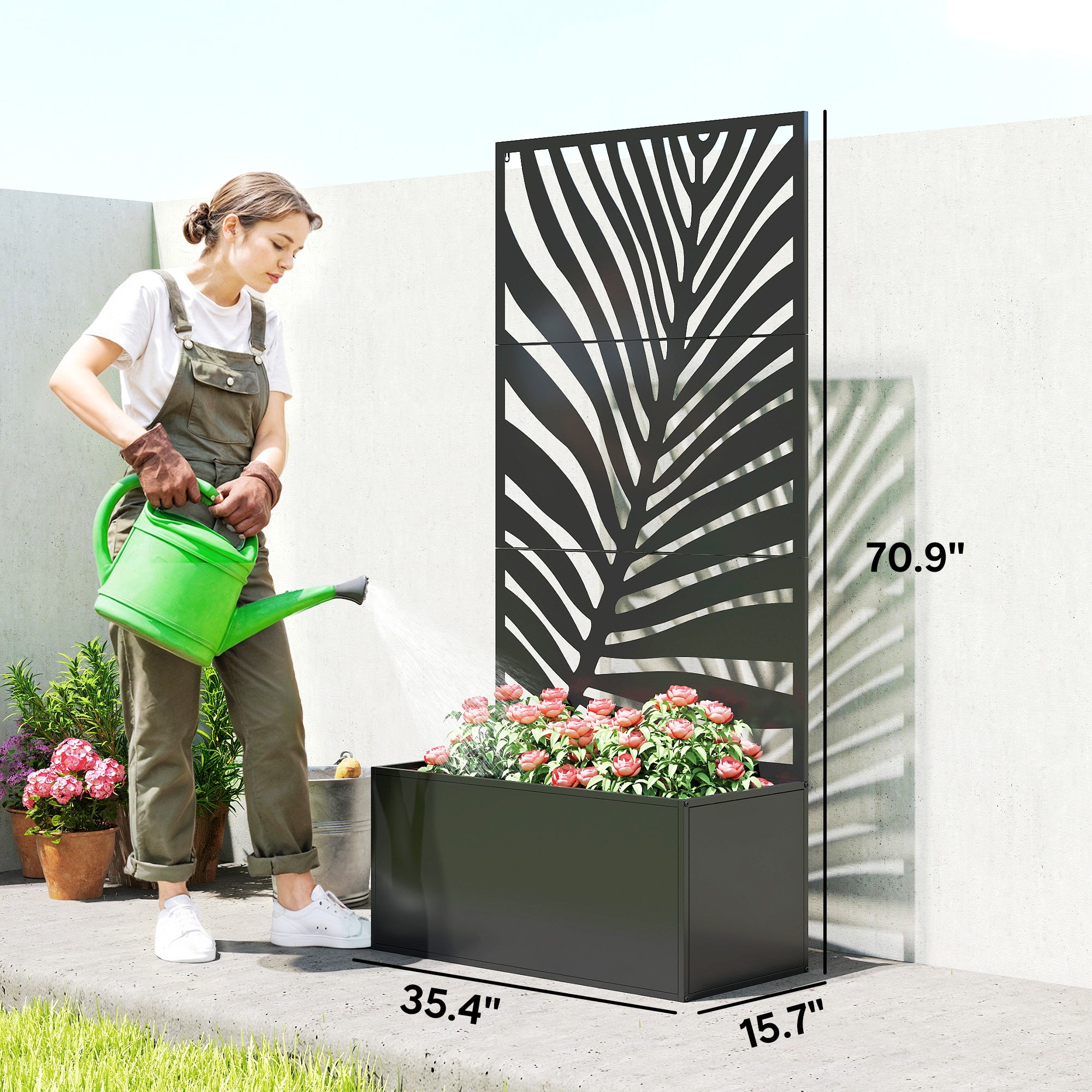 Metal Planter Box with Trellis, Raised Garden Bed with Trellis Large Leaf Cut-Out Privacy Screen for Climbing Plants