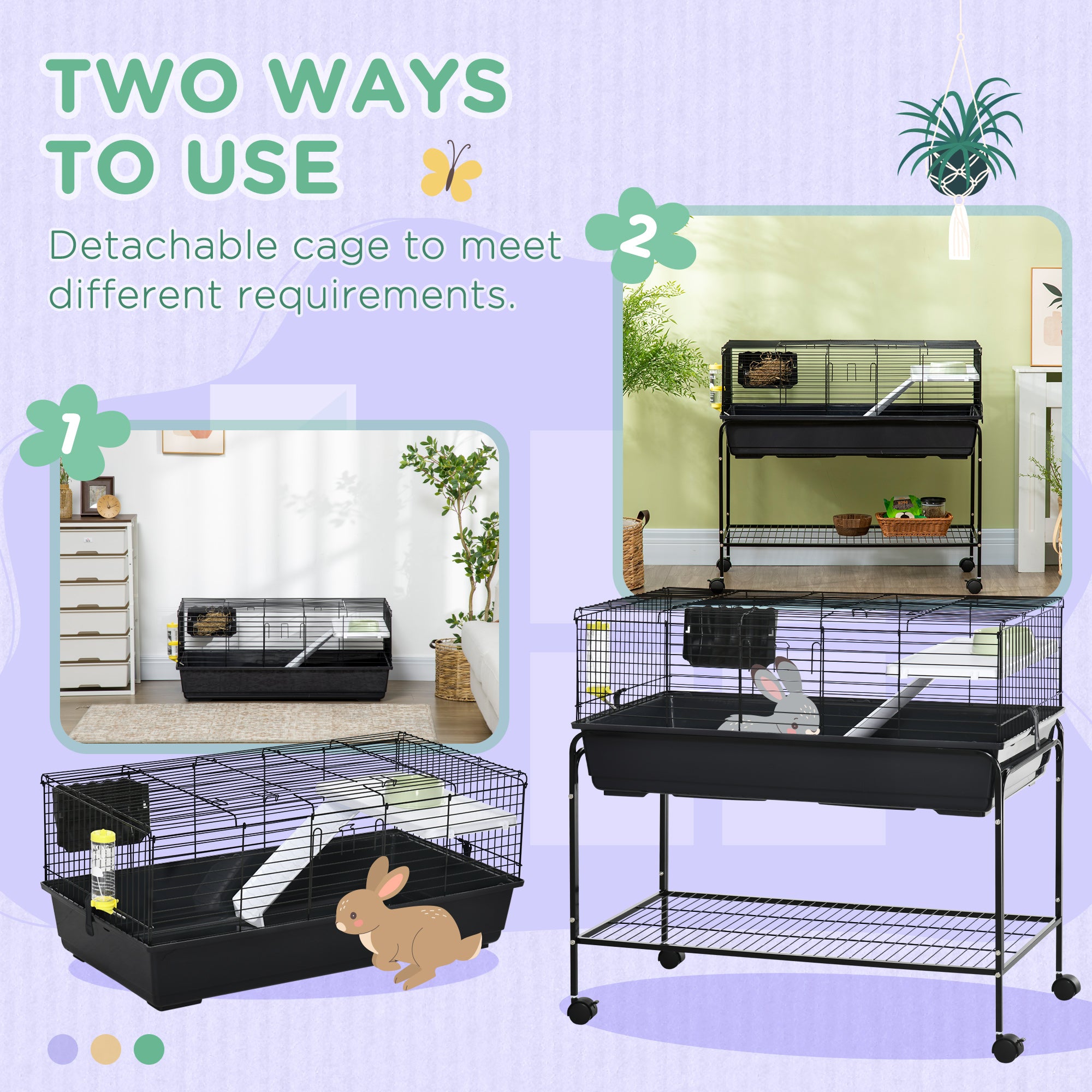 Two-Story Small Animal Cage Removable from Stand, Guinea Pig Cage with Shelf & Wheels, Pet Habitat for Hedgehog, Chinchilla, Ferret, 39" x 20.5" x 36.5", Black