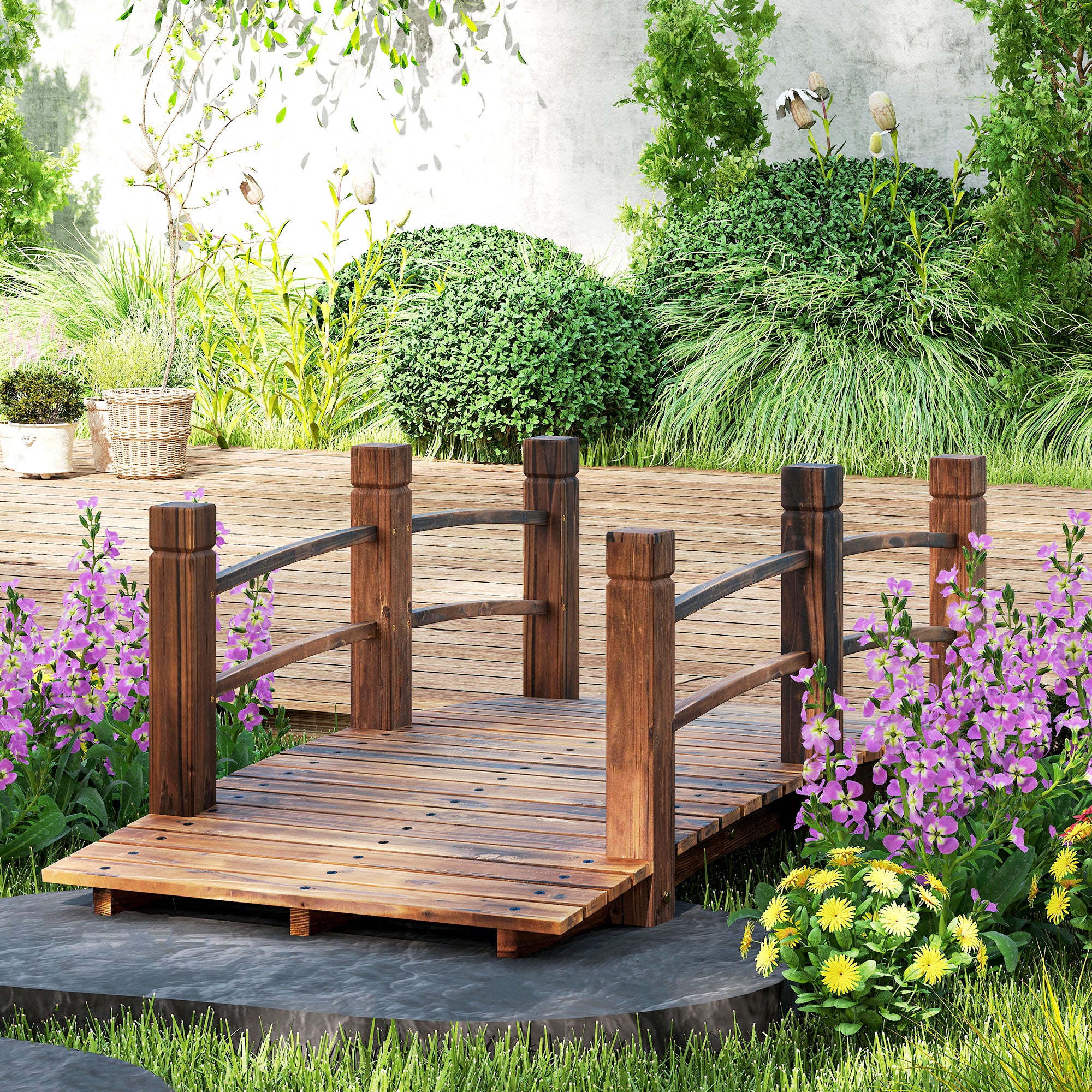 Fir Wood Garden Bridge Arc Walkway with Side Railings for Backyards, Gardens, and Streams, Stained Wood, 60" x 26.5" x 19"