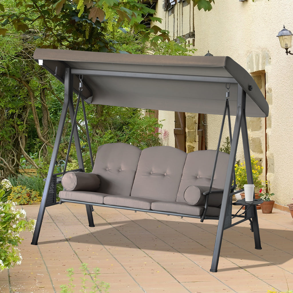 3-Seat Patio Swing Chair, Outdoor Porch Swing Glider with Adjustable Canopy, Removable Cushion, Pillows and Side Trays, for Garden, Poolside, Backyard, Brown