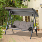 3-Seat Patio Swing Chair, Outdoor Porch Swing Glider with Adjustable Canopy, Removable Cushion, Pillows and Side Trays, for Garden, Poolside, Backyard, Brown