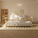 King Size Upholstered Bed with Oversized Padded Backrest, Solid Wood Frame, Adjustable Mattress Heights, 96.5" L x 86" W x 43.5" H, Beige